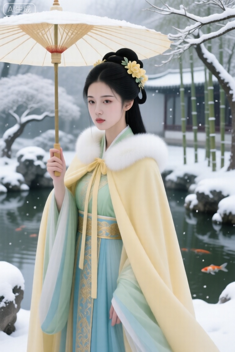 古代美女,黑色头发,唐朝盘发,浅黄色披风,白色毛绒绒的领子,领口长长的飘带,低饱和度,头戴衣服同色花,浅绿色➕浅蓝色➕金色衣服华丽繁复,衣袂飘飘,场地背景：公园,假山,御花园,鱼池,被雪压弯的竹子,全景白雪皑皑,枝头落满了雪,低饱和度,华丽光影,高雅气质,超清画质高细节,发丝细腻刻画,皮肤白皙,高清特写,极致超清,光影交错,气质,oc渲染,超高清画质,细节丰富,精致感强,朦胧,极致超清,极致细节,氛围感,高冷,十八岁,眼睛狭长眼尾上挑,皮肤如玉,高质量,极致细节,32K,精致的五官,神情温婉,超高清画面中,少女撑着伞,看着雪景,身姿袅袅,超高清,远景特写,