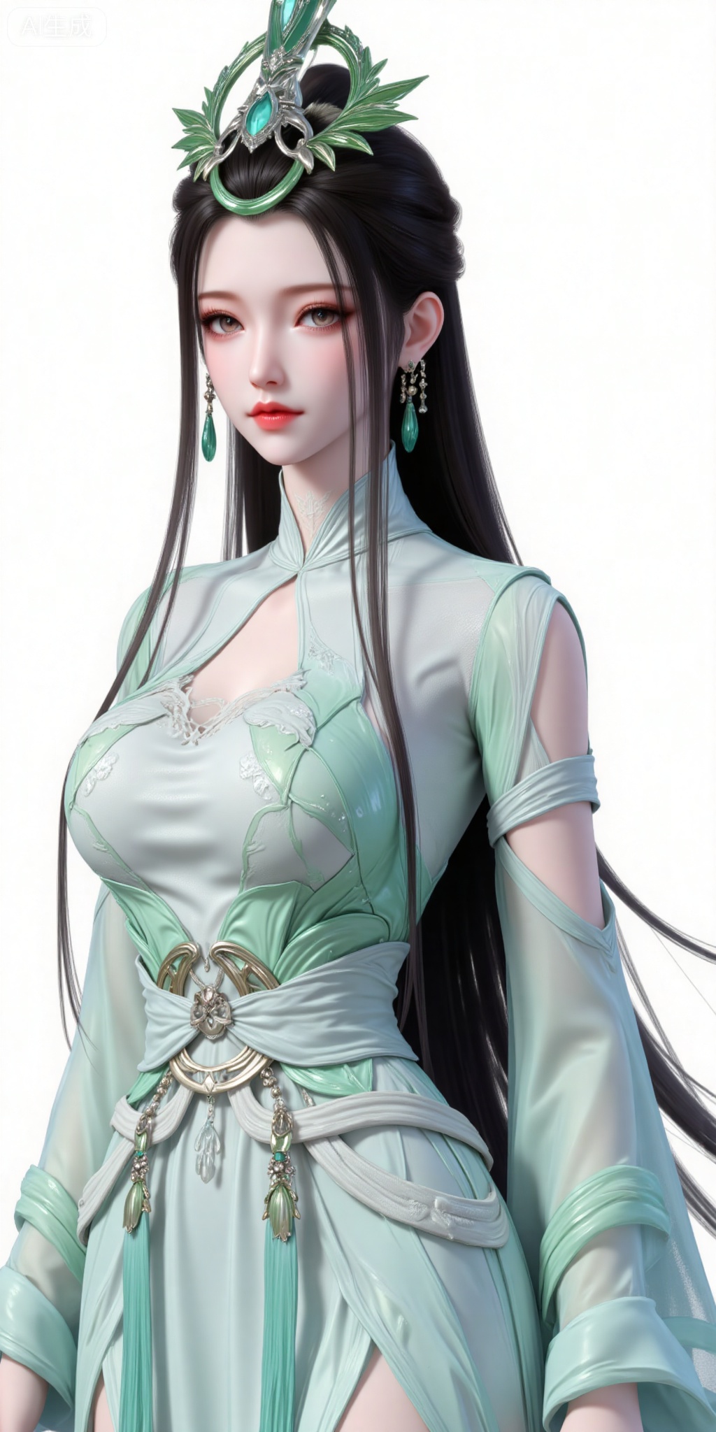 1girl, long hair, jewelry, earrings, dress, forehead mark,  hair ornament, green dress, chinese clothes, clothing cutout, upper body,  closed mouth,  black hair, expressionless, sash,  brown hair, 
liuyu,lvjing,pifu,guanghuapifu,
white_background,simple background,lujiajia
