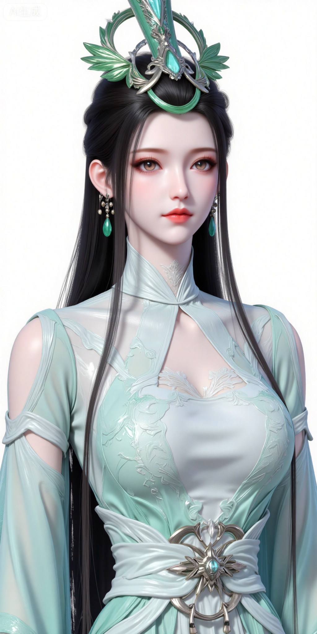 1girl, long hair, jewelry, earrings, dress, forehead mark,  hair ornament, green dress, chinese clothes, clothing cutout, upper body,  closed mouth,  black hair, expressionless, sash,  brown hair, 
liuyu,lvjing,pifu,guanghuapifu,
white_background,simple background,lujiajia