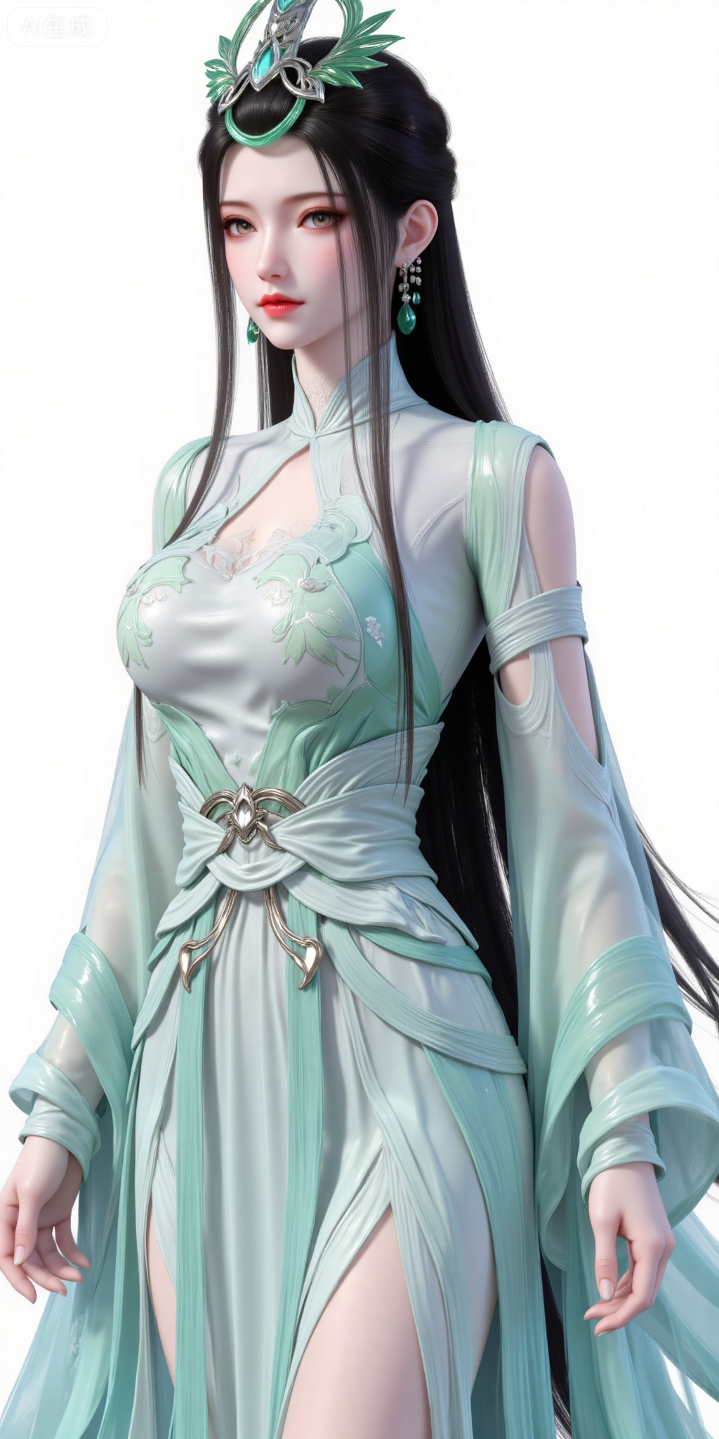 1girl, long hair, jewelry, earrings, dress, forehead mark,  hair ornament, green dress, chinese clothes, clothing cutout, upper body,  closed mouth,  black hair, expressionless, sash,  brown hair, 
liuyu,lvjing,pifu,guanghuapifu,
white_background,simple background,lujiajia
