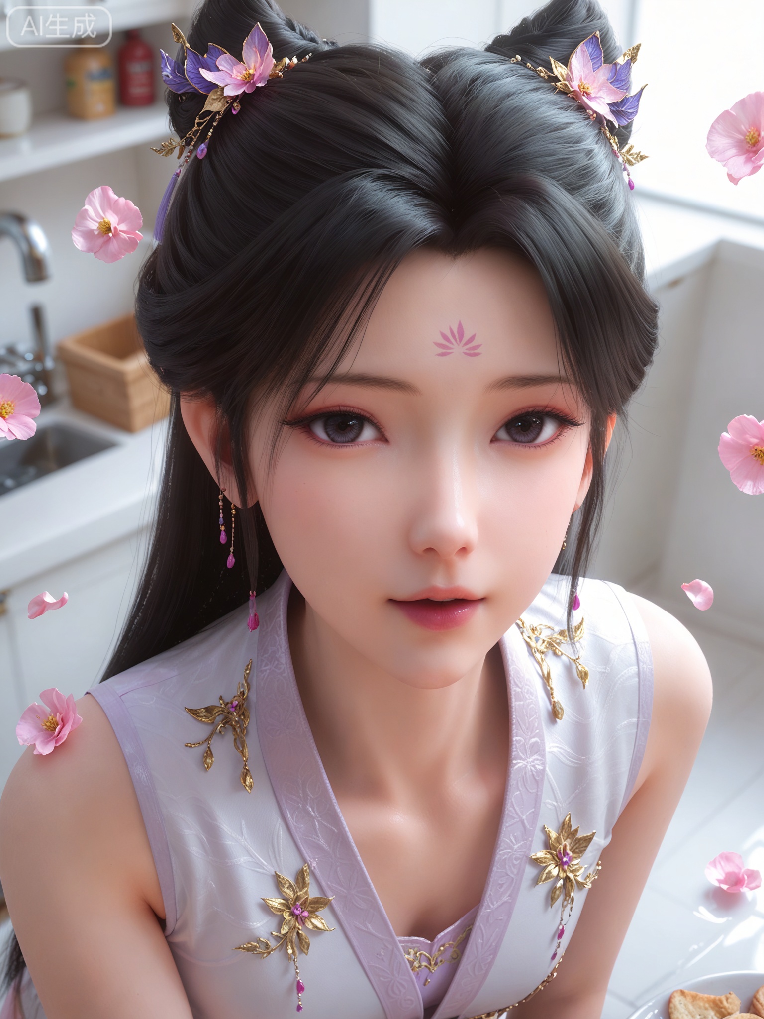 score_9,score_8_up,score_7_up,realistic,photorealistic,1girl,solo,(looking_at_viewer:1.3),realistic,1girl,Vivid Colors,bright environment,delicate water,hair_ornament,shiny skin,shiny hair,reflection,flower sea,falling petals,extreme detail description,(upper body:0.6),black hair,(skindentation:1.3),bright,sunshine on face,light,reflection,leg slimming,lose weight,slim hips,standing,hanfu,chinese_clothes,kitchen,