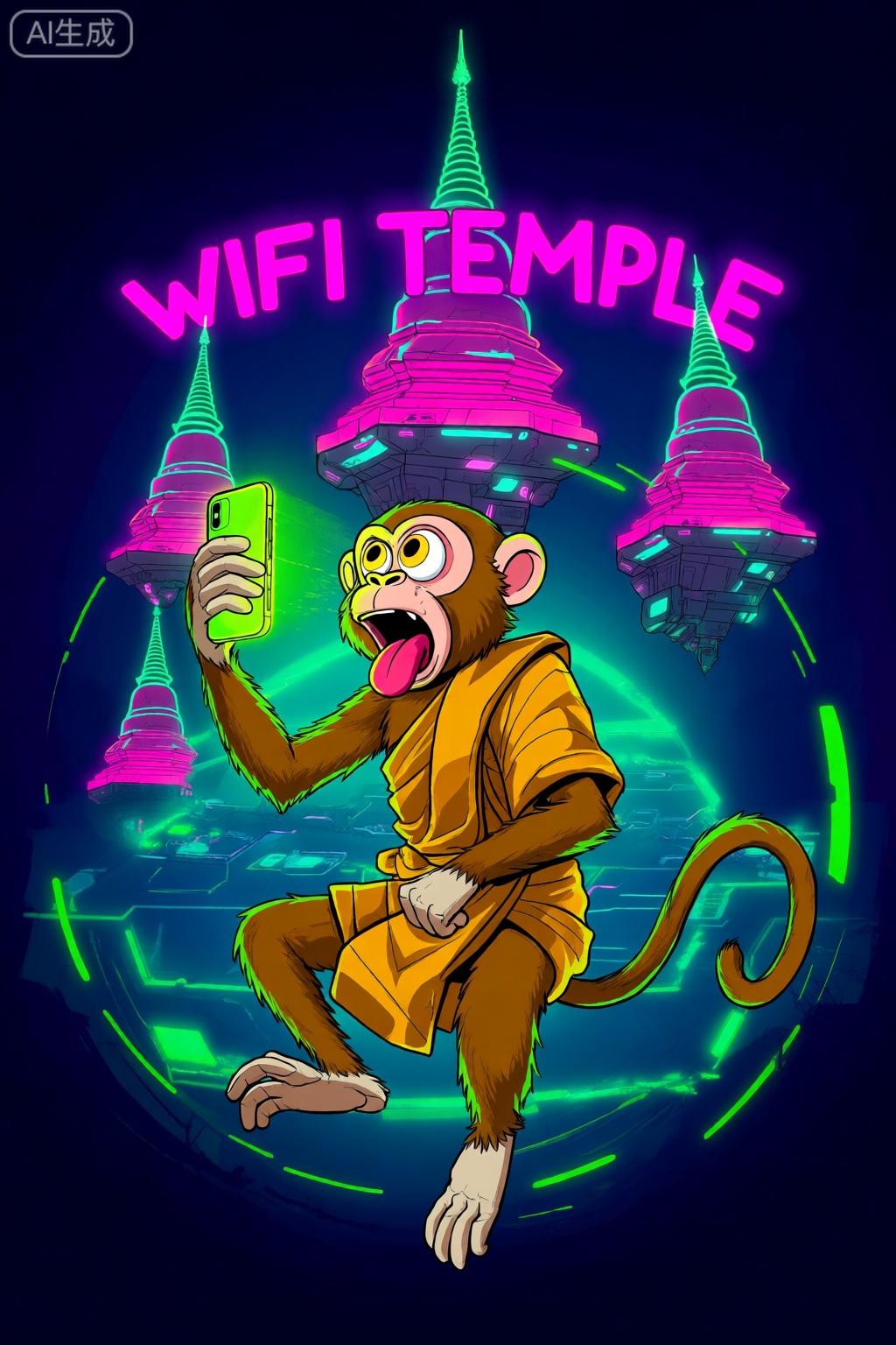画面质量：高饱和度数字绘画,笔触粗犷但细节精致,光影对比强烈主体描述：一位穿着泰国传统金色僧袍的猴子,手持发光智能手机,表情夸张（瞪眼吐舌）,背景是悬浮的佛塔与霓虹灯牌（“WIFI TEMPLE”）。
艺术风格：传统佛教符号× 赛博朋克科技,角色动态旋转构图。
氛围场景：未来寺庙的荒诞狂欢,荧光绿与暗紫色碰撞。