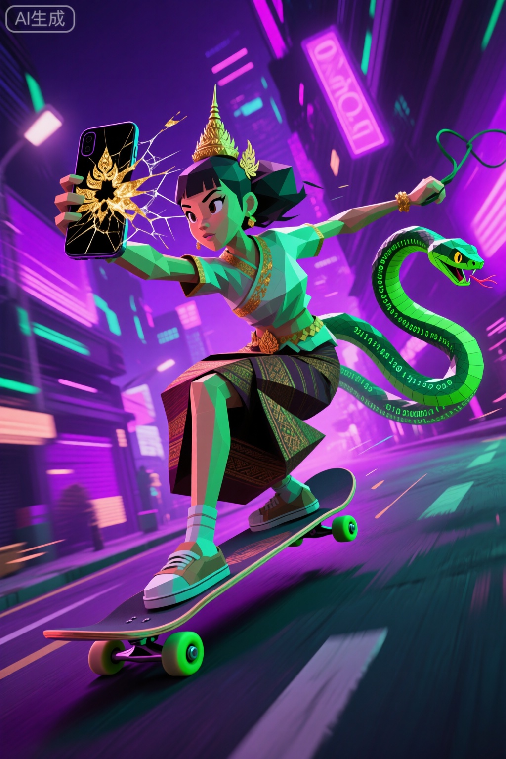 动态模糊+锐利边缘对比,低多边形与流体特效混合主体描述：泰式传统服饰少女踩着发光滑板,身体倾斜20°向前俯冲；她的右手持现代智能手机,屏幕裂痕中涌出传统金箔图案；左手牵着一条由代码构成的虚拟蛇艺术风格：未来主义×泰式街头文化,人物比例拉长至3头身氛围场景：霓虹紫与毒绿交织的数字城市街道,地面倾斜15°形成失重感色彩暴力：毒绿（蛇）×霓虹紫（背景）×铜色（金箔）
