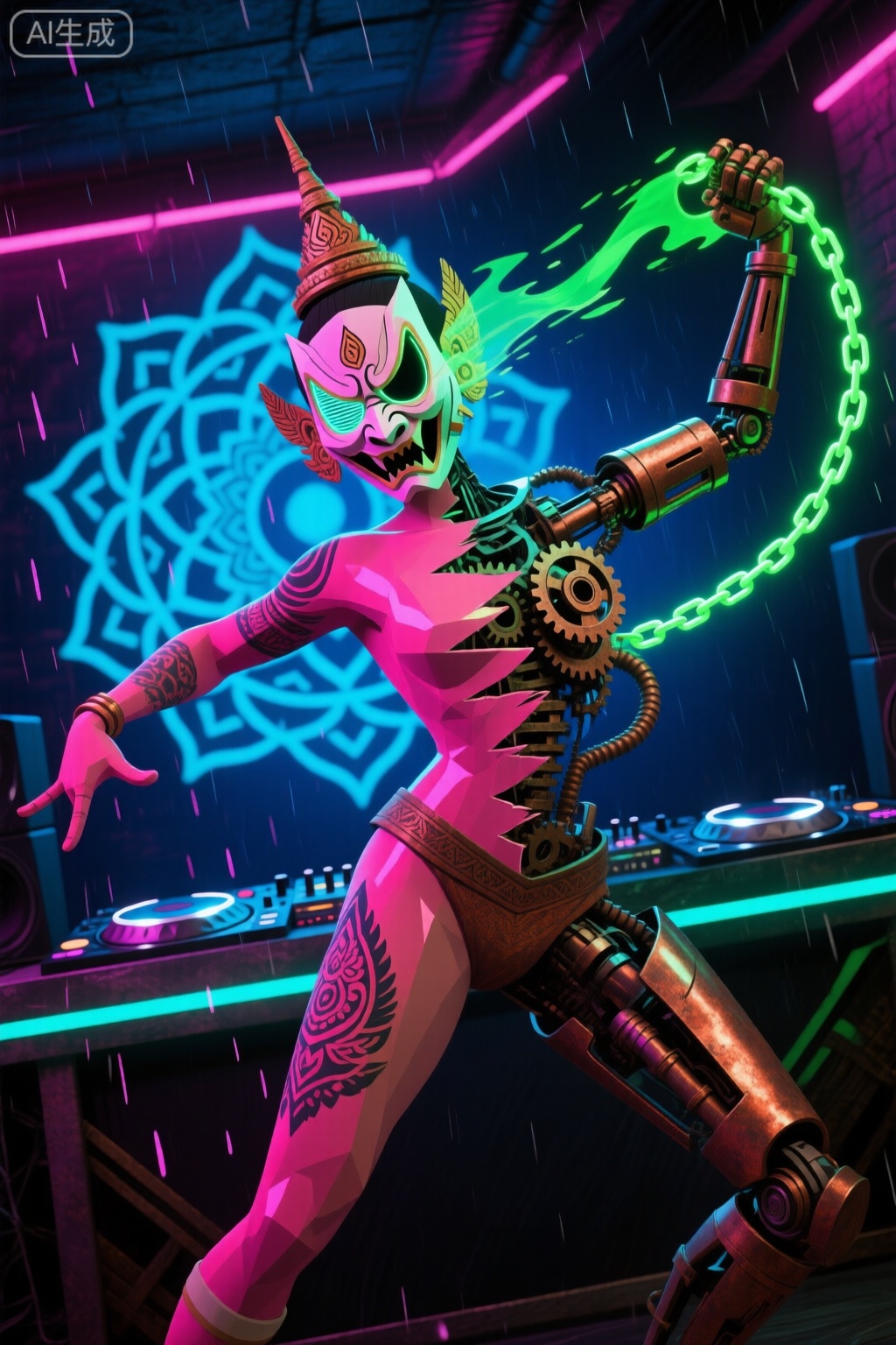 数字分层：荧光粉（皮肤）× 深空蓝（机械骨架）× 铜锈色（传统纹样）
动态撕裂：角色身体沿对角线分裂为两半,左侧为人类舞者形态,右侧暴露出齿轮机械结构,倾斜角度22°
戴泰国传统鬼面面具的舞者,面具眼睛部位为全息投影屏,实时扭曲成观众表情。身体左侧覆盖发光纹身,右侧则是外露的蒸汽朋克管道,手持的霓虹灯链在挥动时拖曳出毒绿色光轨。
故障艺术×传统皮影戏剪影,机械部分采用低多边形建模,皮肤表面做液态金属反光处理氛围场景：
地下夜店,墙壁布满电子曼陀罗投影,倾斜的DJ台喷涌出荧光颜料雨
