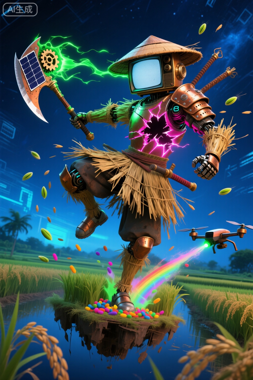 数字分层：深空蓝（能量场）× 铜金色（装甲）× 荧光粉（裂纹光）
动态撕裂：武士身体呈22°倾斜,稻草裙摆呈45°飞散主体描述：
赛博武士形态稻草人,头部为老式电视机屏幕,播放着泰国武侠动画。身体覆盖着发光稻草与金属装甲,手持的镰刀由太阳能板与齿轮组成,刀刃喷射出毒绿色能量流。脚下踩着悬浮的稻田模型,喷射出彩虹色肥料颗粒,背后悬浮着故障艺术风格的斗笠。
艺术风格：
蒸汽朋克×乡村手工艺,表面做旧处理模拟战场磨损氛围场景：
赛博农场的全息投影稻田,无人机在喷洒发光种子