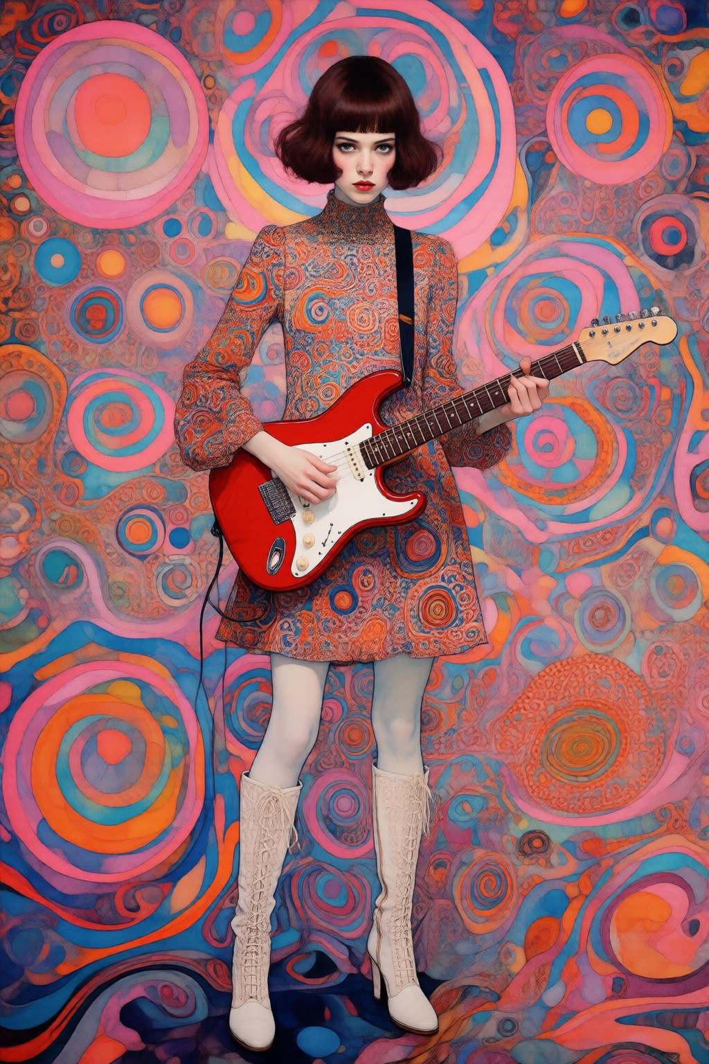 kaoruyamada2q painting. 1960s-inspired psychedelic album cover featuring a young woman with a dark brown "Mod" bob haircut...