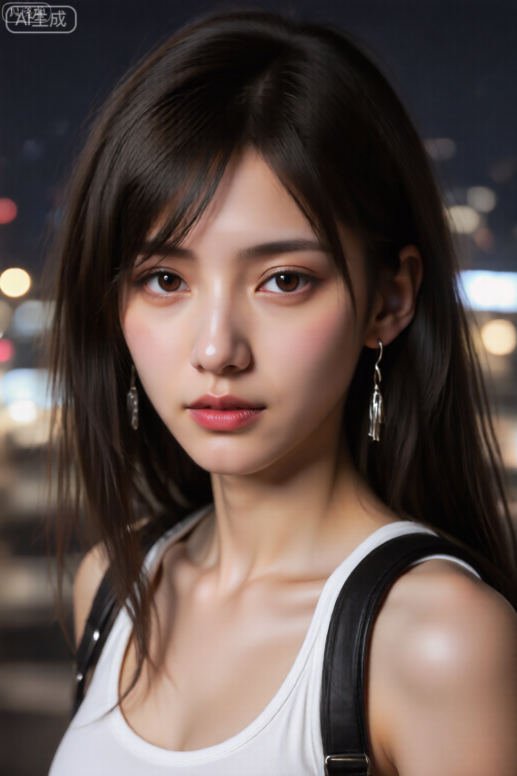该图像是一个年轻女子的特写肖像,长长,深棕色的头发落在她的肩膀上。她有大的杏仁形棕色眼睛和小小的鼻子。她的嘴唇饱满,涂有柔软的粉红色。她戴着带有流苏设计的悬空的银耳环。该名女子穿着白色背心,带有黑色皮带,这似乎是背包或袋子的一部分。背景是焦点不足,带有模糊的灯光,暗示着夜间城市景观。照明柔软而讨人喜欢,突出了她的面部特征和头发的质地
