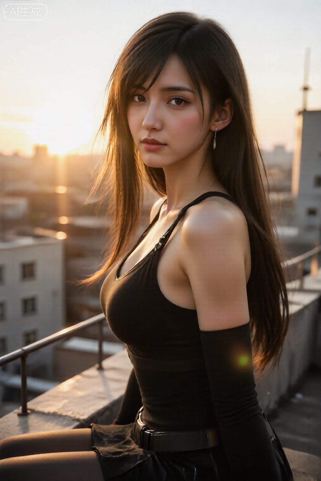 一位女神范女友,坐在天台边缘（安全平台), 上半身构图, , ,金色的夕阳逆光强烈地勾勒出她的身体轮廓和发丝光,她微微侧头望向镜头,眼神温柔中带着一丝深邃,嘴角含着幸福,
**镜头参数：** 85mm,f/2.2,ISO 200,1/500s（使用反光板补光),
**核心关键词：** `夕阳逆光`,`发丝光`,`侧颜回眸`,`温柔深邃`,`电影质感`,`氛围感女神`,`高级浪漫`,蒂法真人