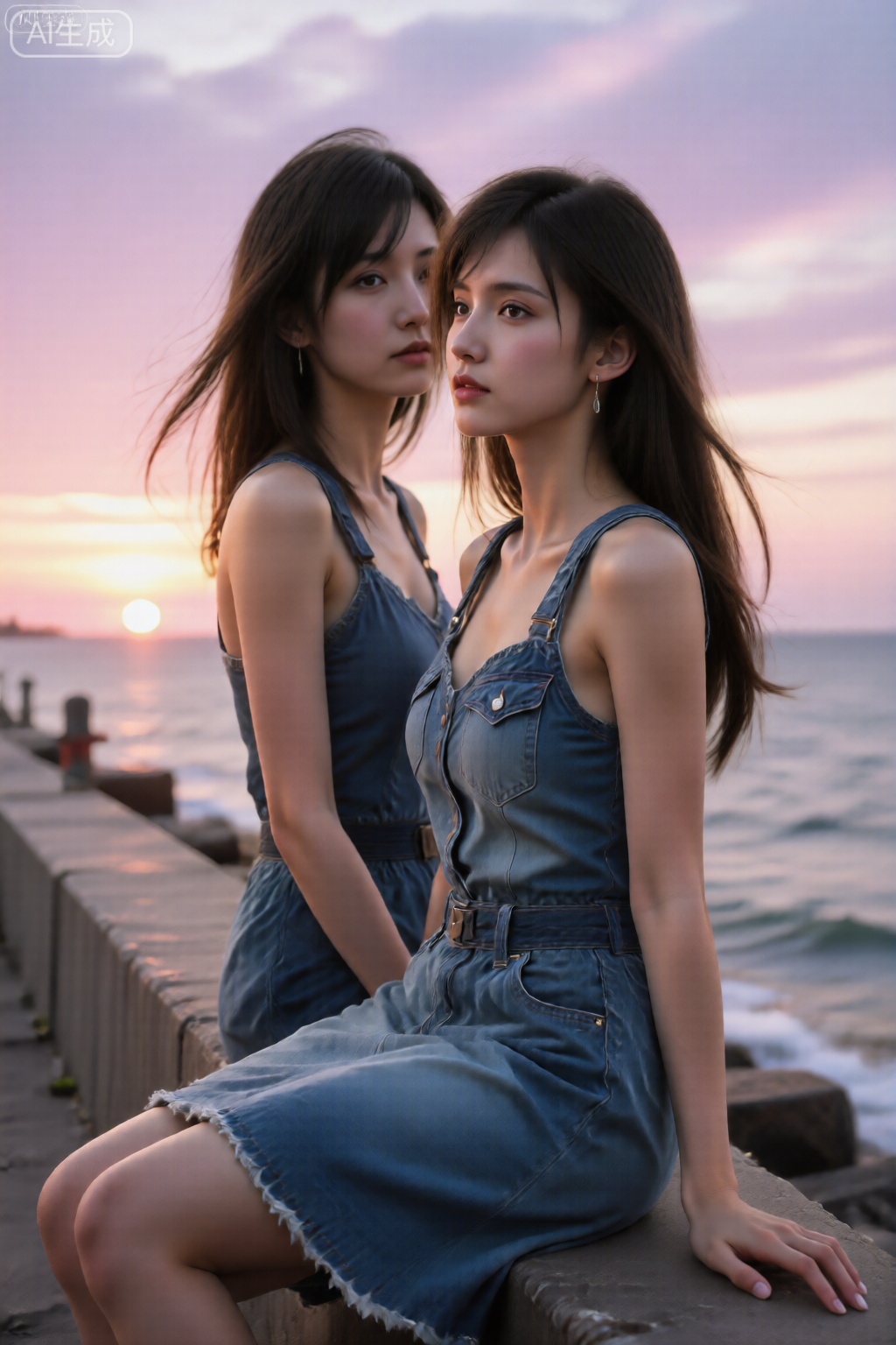 蒂法真人,坐在海边的堤坝上,牛仔式上半身构图。她穿着一条柔软的连衣裙,海风吹拂着她的裙摆和发丝。黄昏的阳光将天空染成粉紫色,她望着远方海平面逐渐沉落的夕阳,,眼神温柔而悠远。

**镜头参数：** 35mm, f/2.8, ISO 200, 1/800s
**核心关键词：** `海边黄昏`, `粉紫色天空`, `吹拂的发丝`, `, `治愈浪漫`, `温柔悠远`, `电影感,蒂法真人