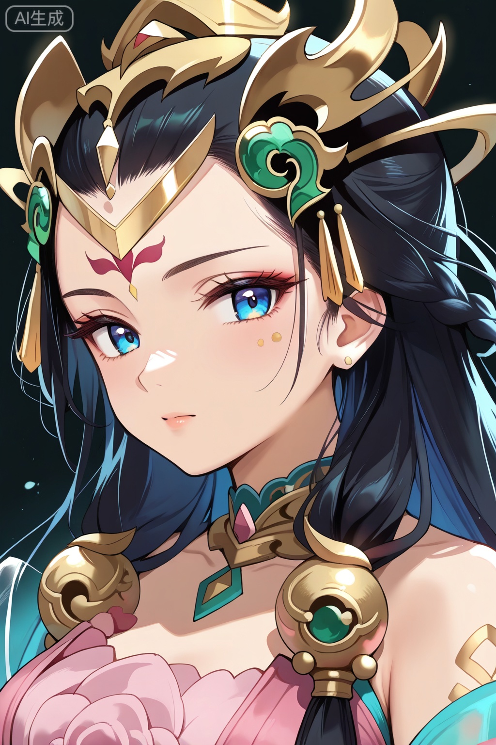 1girl,solo,best quality,amazing quality,,long black hair,red forehead marking,blue eyes,pink and turquoise dress,golden accessories,emerald accessories,headpiece,杨玉环,