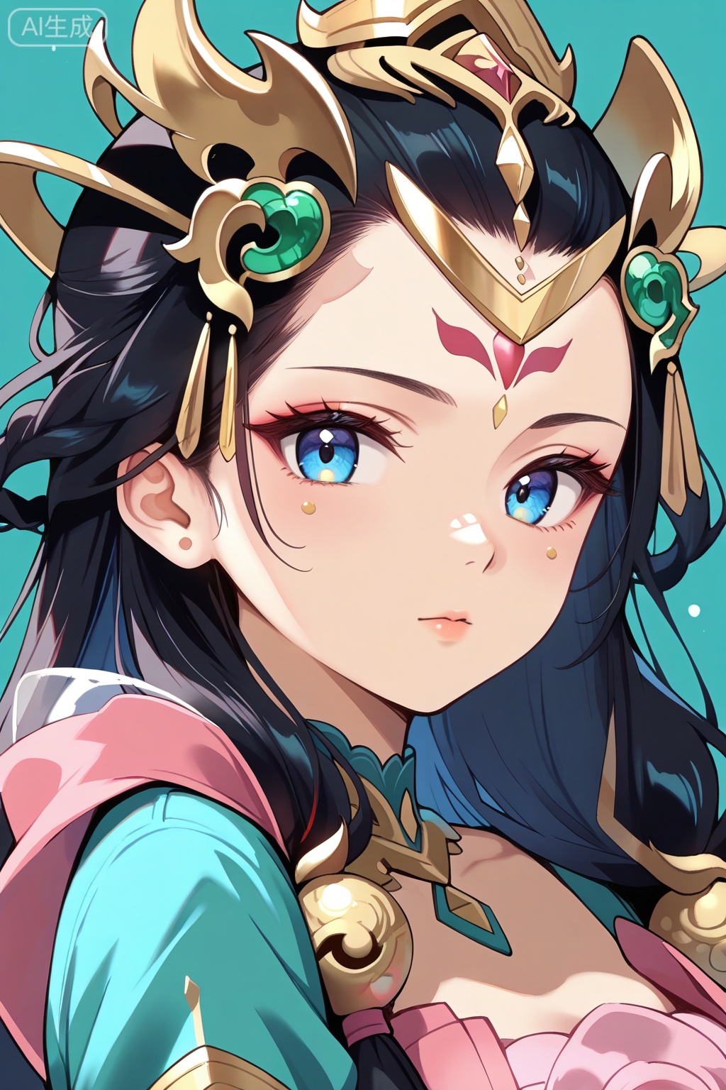 1girl,solo,best quality,amazing quality,,long black hair,red forehead marking,blue eyes,pink and turquoise dress,golden accessories,emerald accessories,headpiece,杨玉环,