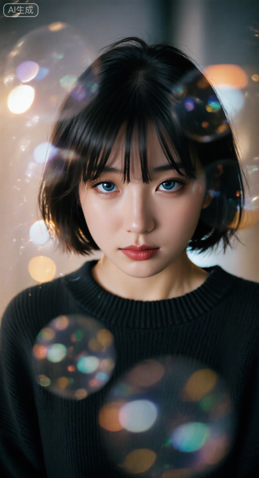 一个年轻的女人,一张逼真的正面照片,a close-up portrait of a young woman with striking blue eyes and black hair,surrounded by colorful bokeh lights,the woman is positioned in the middle of the frame,looking directly at the camera with a serious expression,her hair is styled in a short,blunt bangs that frame her face,and she is wearing a black sweater that is draped over her shoulders,her lips are painted a deep red,and her nose is slightly upturned,giving a sense of depth to the image,the background is blurred,with colorful lights that create a dreamy,ethereal atmosphere,the lighting is soft and warm,casting gentle shadows on her face and highlighting her features,the overall effect is one of serenity and introspection,with the womans gaze and expression creating a captivating and captivating scene,真实皮肤纹理,颗粒,哑光皮肤,镜头美学,电影质感,高级感,大师级作品,