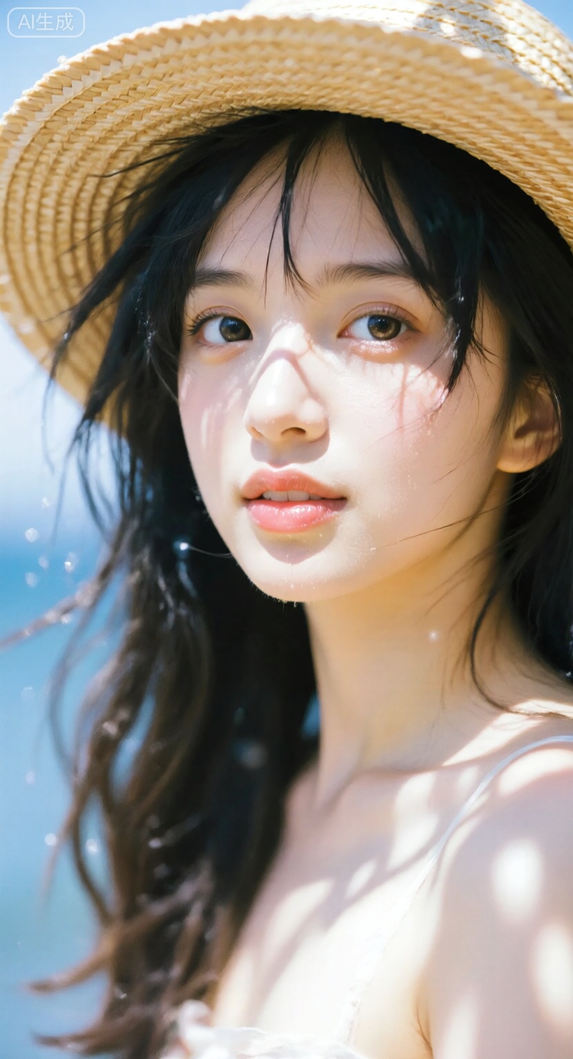 一个年轻的女人,人体艺术摄影,人体、艺术写真,人体艺术摄影,人体、艺术写真,美少女,夏天,微风,阳光晒脸上,长发,明亮的眼睛,路飞的草帽遮一半阳光,突显头发凌乱美,灵动,水润的唇微微张开,胶卷相片,大阳光,白色光斑,大颗粒质感,柯尼卡胶卷质感,模糊,过度曝光,蓝调,中景拍摄。
极高的美学评分,高质量,高分辨率,高清晰度,高对比,大师级摄影,细节丰富（展现皮肤、线条、衣物纹理等）,精致刻画,发丝细腻,精致五官,正常皮肤纹理,视觉冲击,皮肤白皙细腻,纹理正常,线条流畅,,写真照片,