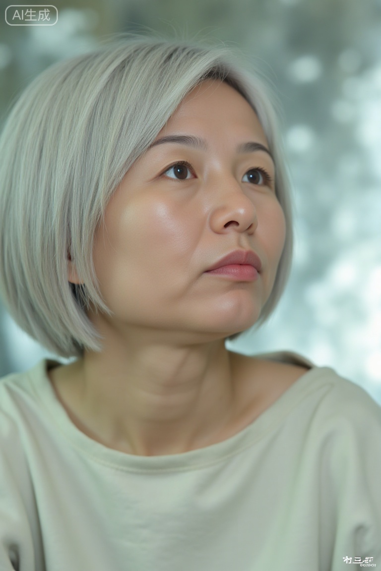 N7,This is a close-up photograph of a asia young,fair-skinned woman with short,platinum blonde hair and light brown eyes. She has a contemplative expression,with soft lighting casting gentle shadows on her face. The background is blurred,featuring a reflective surface with faint,out-of-focus patterns,The image has a soft,dreamy quality,emphasizing her delicate features and serene mood,