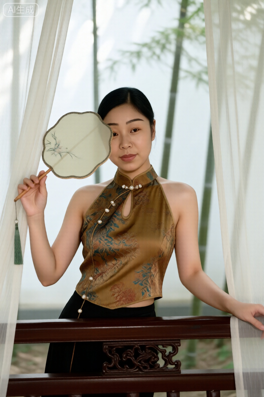 穿交领短款汉服背心少女,正面倚雕花木栏,左手持团扇半遮面。富士GFX 50S相机,110mm f/2镜头,漫射光透过纱帘,RAW保留提花锦缎纹理与珍珠盘扣细节,背景留白或虚化竹林——风格新中式,光比1:1.5。**  