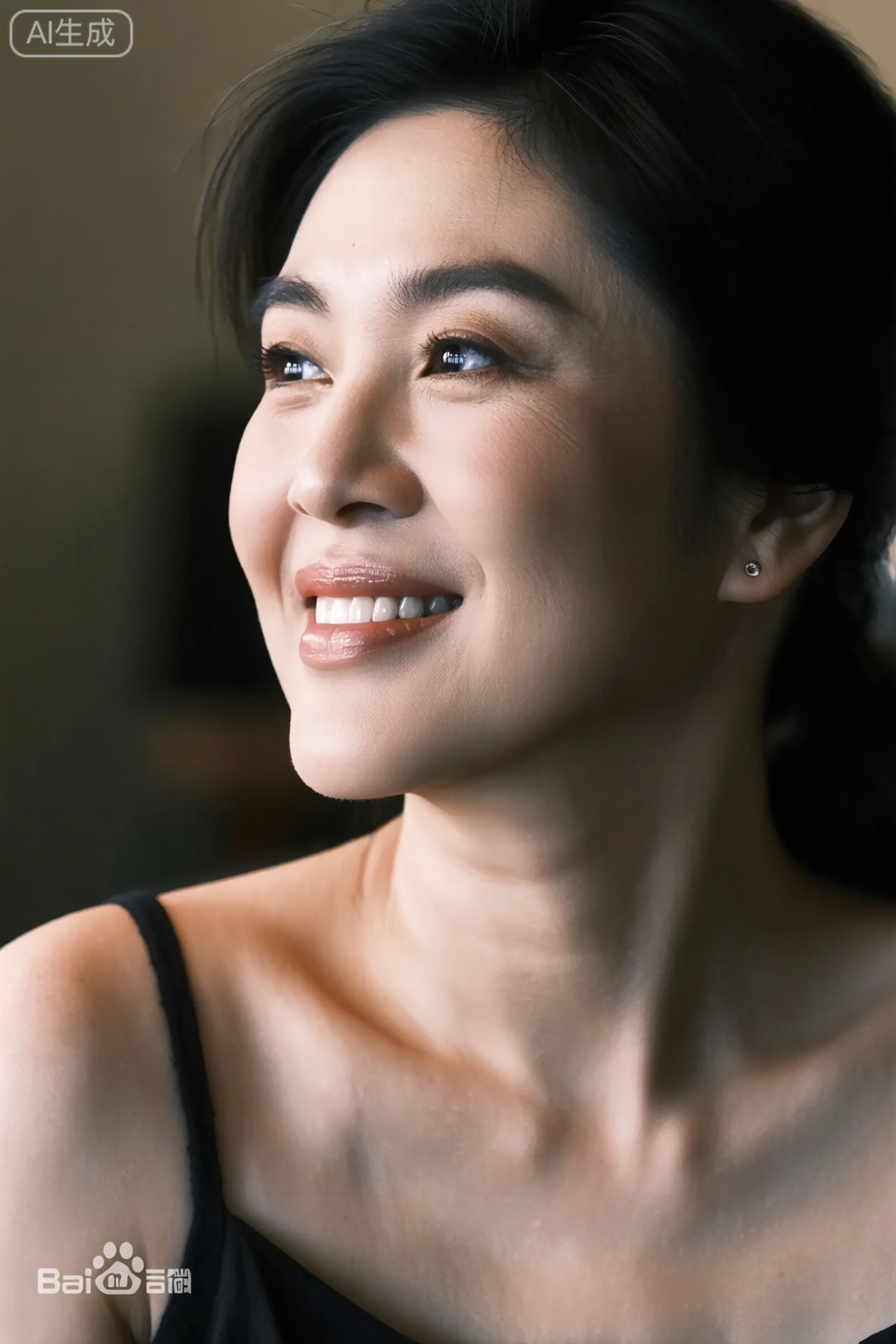 【器材】索尼Alpha 7R IV,85mm F1.4镜头,f/1.8光圈,ISO 100,1/200s快门；【氛围】柔和侧光营造温润感,人物微微侧头45°,眼神温柔含笑,姿态放松；【取景】近景清晰呈现从额头到锁骨的肌肤,质感细腻如陶瓷,光泽自然
