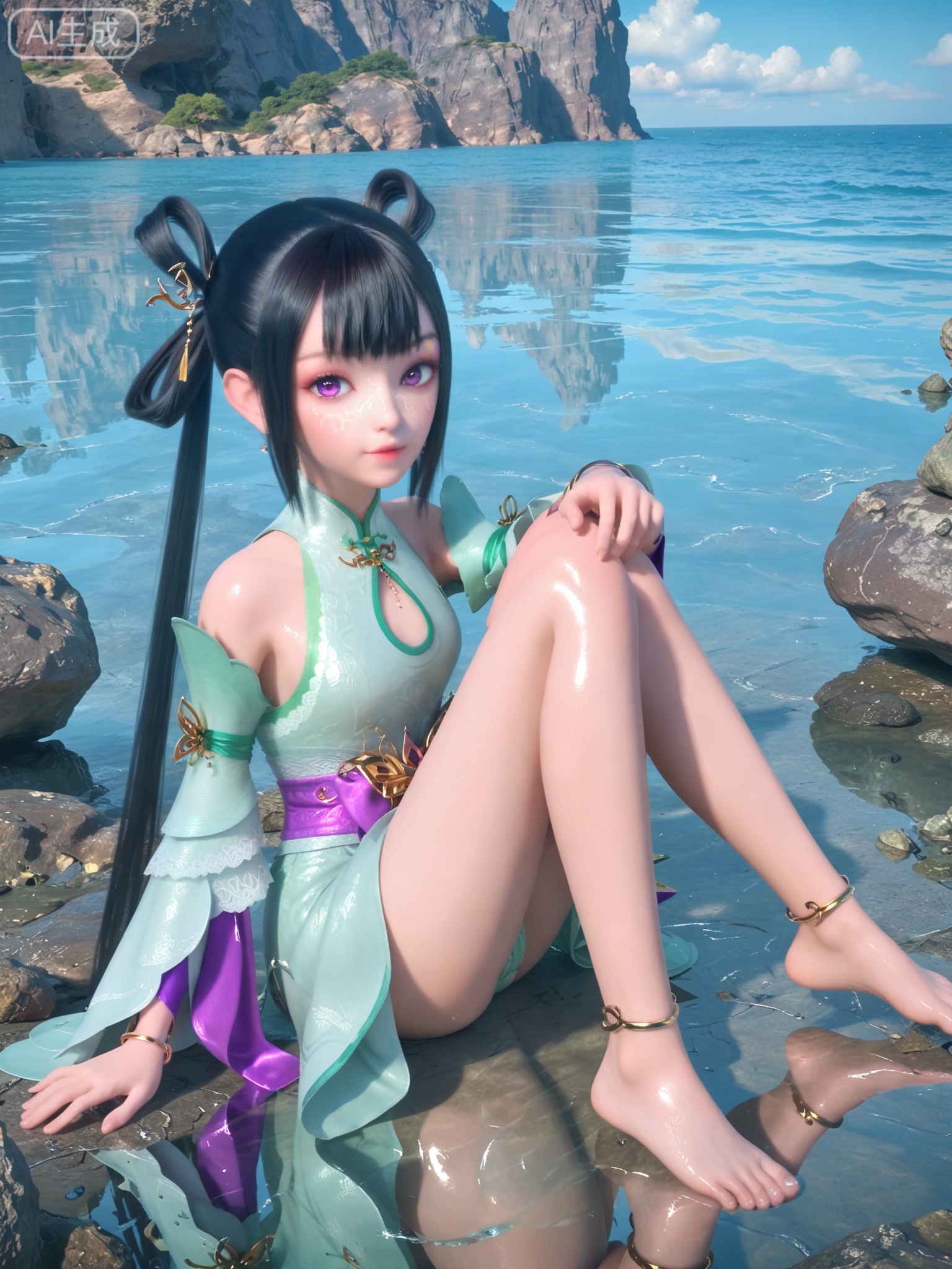 score_9,score_8_up,score_7_up,1girl,looking_at_viewer,realistic,photorealistic,1girl,Vivid Colors,bright environment,shiny skin,shiny hairjewelry,detail eyes,Eyes highlights,extreme detail description,(full body:0.8),light,glowing,sunshine,bright,reflection,bright,sunshine on face,shiny,shinny,petite,thin,leg slimming,lose weight,slim hips,lakeside,delicate water,reflection,specular reflection,sitting_down,(shinny,petite:1.3),black hair,bracelet,detached sleeves,chinese clothes,wide sleeves,