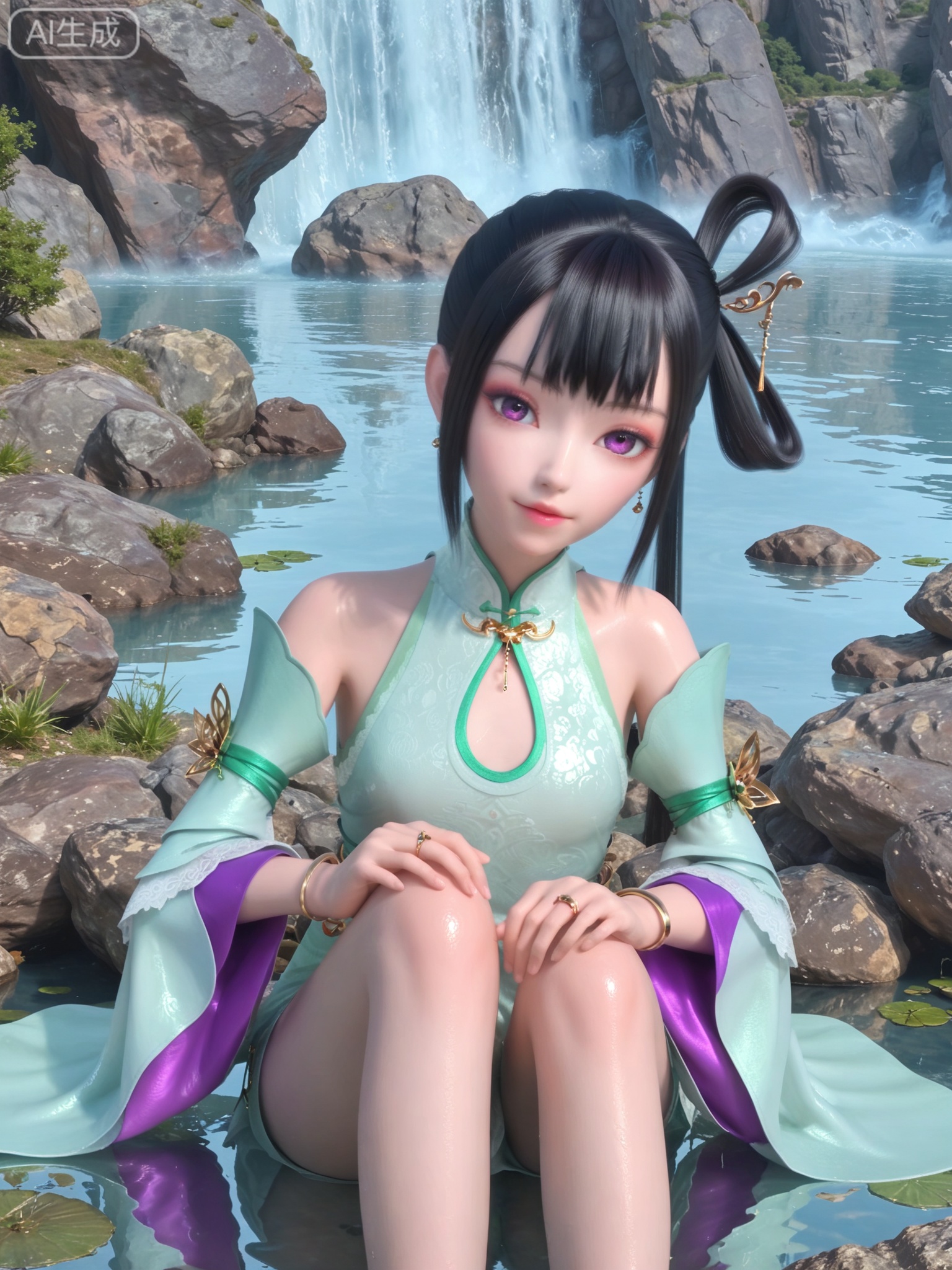 score_9,score_8_up,score_7_up,1girl,looking_at_viewer,realistic,photorealistic,1girl,Vivid Colors,bright environment,shiny skin,shiny hairjewelry,detail eyes,Eyes highlights,extreme detail description,(full body:0.8),light,glowing,sunshine,bright,reflection,bright,sunshine on face,shiny,shinny,petite,thin,leg slimming,lose weight,slim hips,lakeside,delicate water,reflection,specular reflection,sitting_down,(shinny,petite:1.3),black hair,bracelet,detached sleeves,chinese clothes,wide sleeves,hair rings,single_hair_ring,
