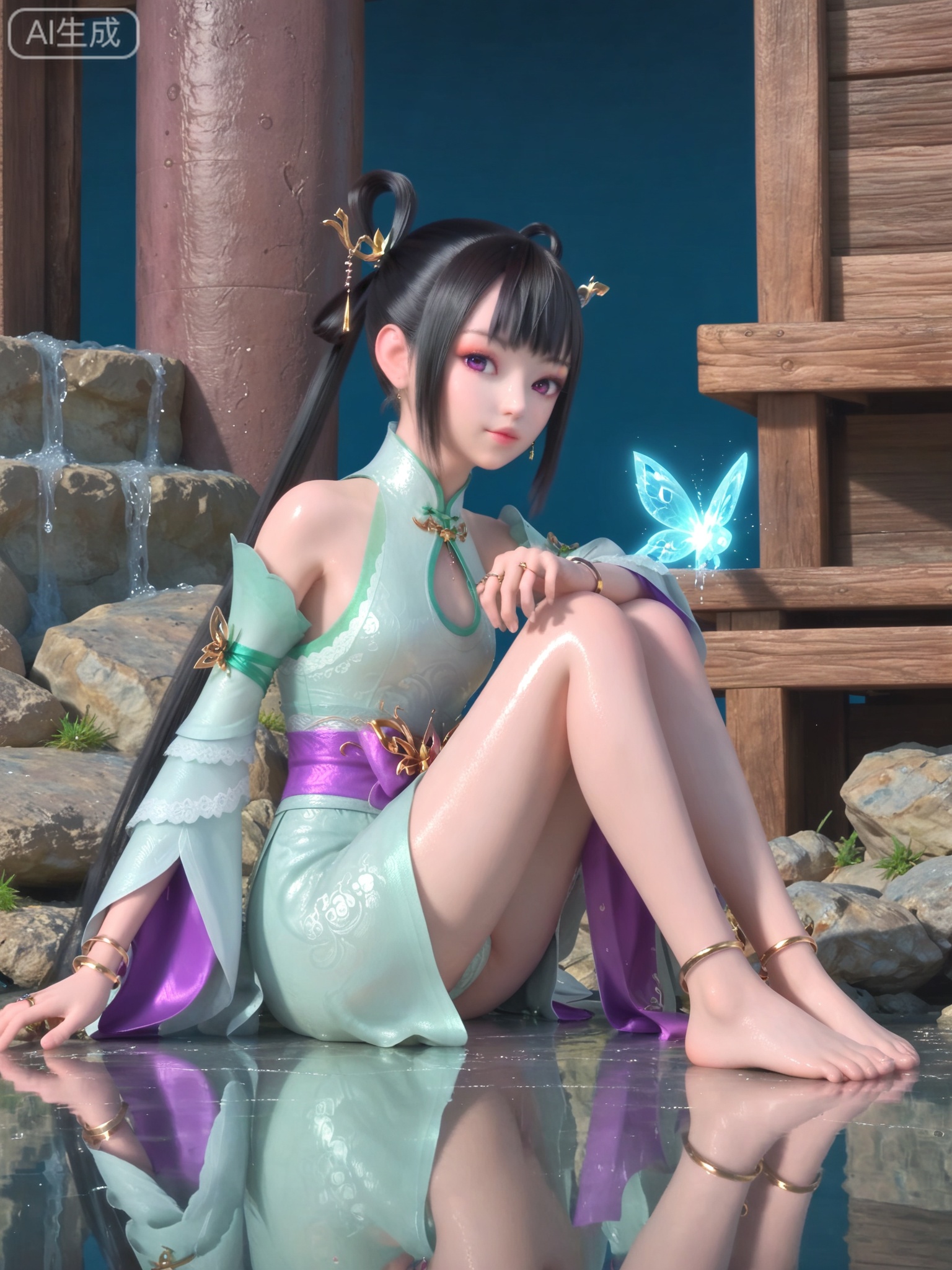 score_9,score_8_up,score_7_up,1girl,looking_at_viewer,realistic,photorealistic,1girl,Vivid Colors,bright environment,shiny skin,shiny hairjewelry,detail eyes,Eyes highlights,extreme detail description,(full body:0.8),light,glowing,sunshine,bright,reflection,bright,sunshine on face,shiny,shinny,petite,thin,leg slimming,lose weight,slim hips,lakeside,delicate water,reflection,specular reflection,sitting_down,(shinny,petite:1.3),black hair,bracelet,detached sleeves,chinese clothes,wide sleeves,single_hair_ring,hair ornament,