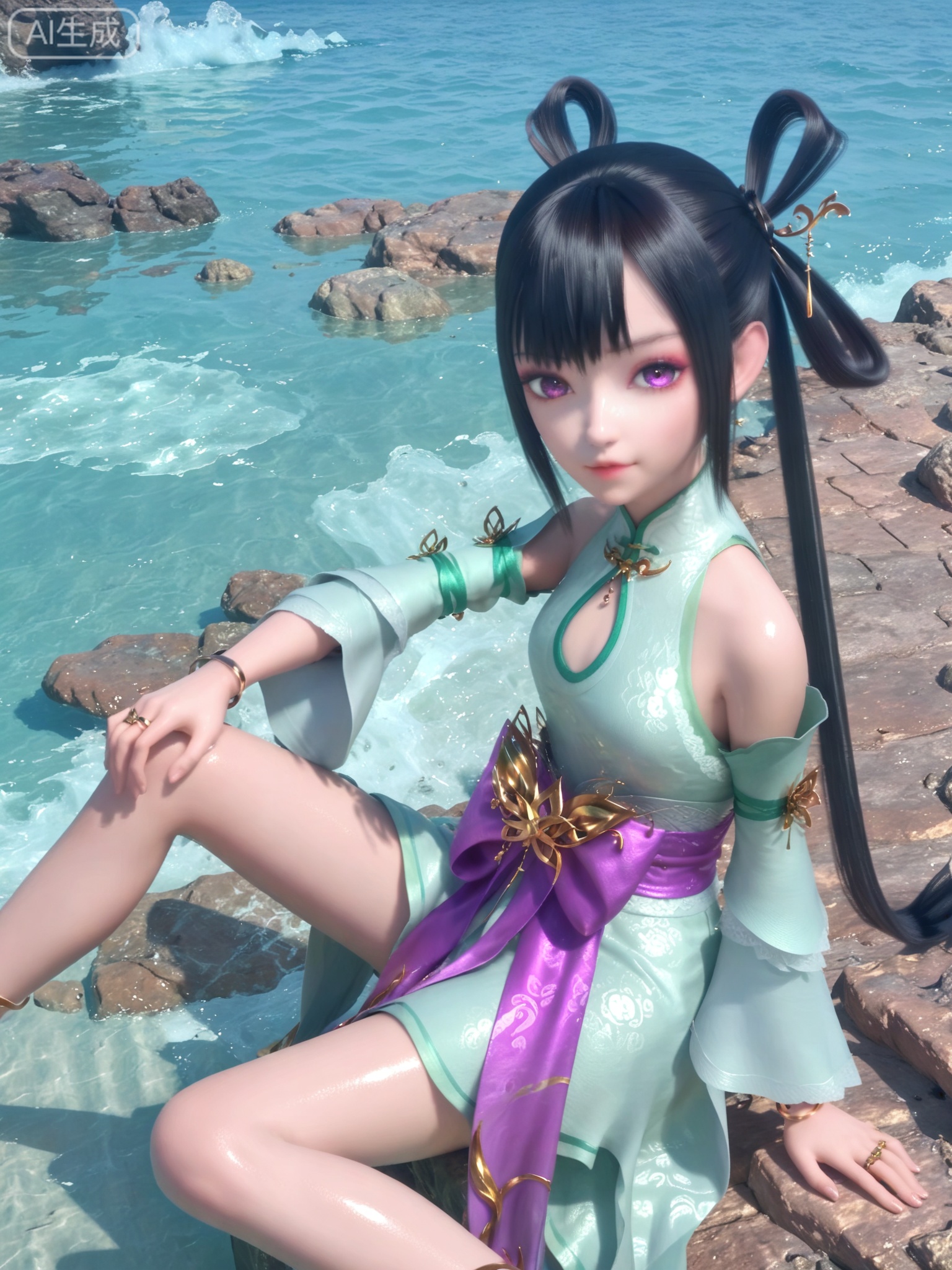 score_9,score_8_up,score_7_up,1girl,looking_at_viewer,realistic,photorealistic,1girl,Vivid Colors,bright environment,shiny skin,shiny hairjewelry,detail eyes,Eyes highlights,extreme detail description,(full body:0.8),light,glowing,sunshine,bright,reflection,bright,sunshine on face,shiny,shinny,petite,thin,leg slimming,lose weight,slim hips,lakeside,delicate water,reflection,specular reflection,sitting_down,(shinny,petite:1.3),black hair,bracelet,detached sleeves,chinese clothes,wide sleeves,hair rings,single_hair_ring,