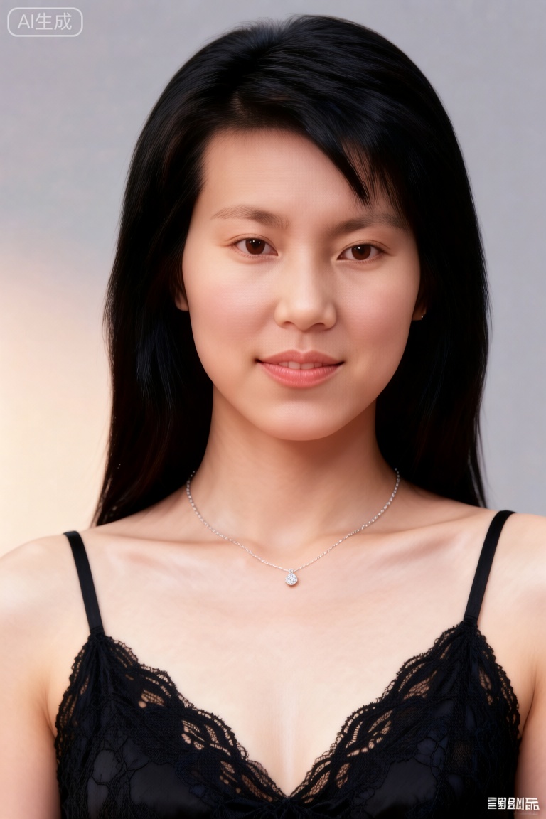 12K Phase One XF IQ4, upper body composition (above chest to top of the head, characters account for 80% of the picture), Chinese women (warm yellow and transparent skin, no flaws, delicate pores, natural powdery dizziness in the apple band). Light makeup details: The light foundation only uniforms the skin tone (no heavy feeling), light brown eyeshadow swipes the eye sockets, the lip glaze is light pink bean paste color (lip lines are light and natural), and the eyebrows retain the native hair flow (slight curves show gentleness). The sexy outfit is a black thin lace suspender (the V-neck is slightly opened to 2cm below the clavicle, the lace pattern is minimalist and transparent, and the edges are not decorated). The hairstyle is black and straight (middle part, the hair is naturally drooping on the shoulders, and there is no trace of the styling product). Only a thin silver collarbone chain (chain length 38cm, single small diamond pendant). The background is a cold gray matte background plate (without texture), with 45° natural side light on the left (light forms shallow shadows on the chest, the face is evenly lit, the skin is transparent and not oily, and the lace texture is clear). The overall texture is uncultivated, with a minimalist style highlighting natural sexy and refreshing skin.

