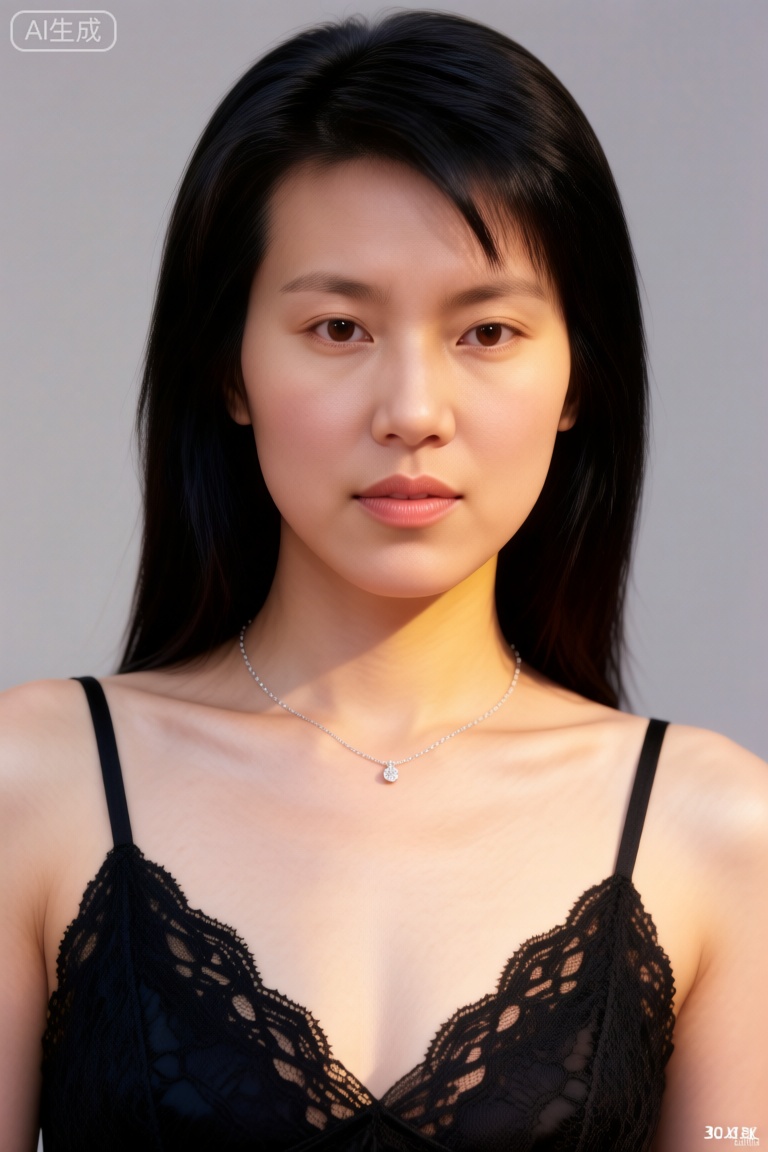 12K Phase One XF IQ4, upper body composition (above chest to top of the head, characters account for 80% of the picture), Chinese women (warm yellow and transparent skin, no flaws, delicate pores, natural powdery dizziness in the apple band). Light makeup details: The light foundation only uniforms the skin tone (no heavy feeling), light brown eyeshadow swipes the eye sockets, the lip glaze is light pink bean paste color (lip lines are light and natural), and the eyebrows retain the native hair flow (slight curves show gentleness). The sexy outfit is a black thin lace suspender (the V-neck is slightly opened to 2cm below the clavicle, the lace pattern is minimalist and transparent, and the edges are not decorated). The hairstyle is black and straight (middle part, the hair is naturally drooping on the shoulders, and there is no trace of the styling product). Only a thin silver collarbone chain (chain length 38cm, single small diamond pendant). The background is a cold gray matte background plate (without texture), with 45° natural side light on the left (light forms shallow shadows on the chest, the face is evenly lit, the skin is transparent and not oily, and the lace texture is clear). The overall texture is uncultivated, with a minimalist style highlighting natural sexy and refreshing skin.


