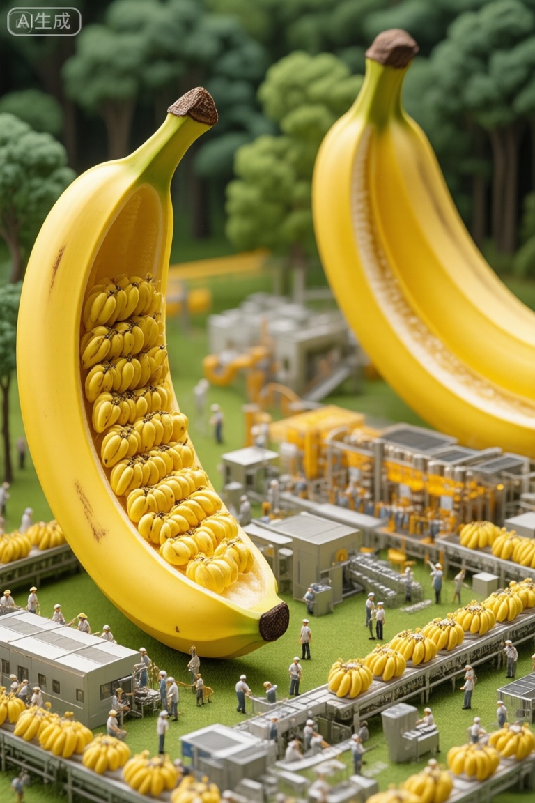 factory,There are two huge bananas on the grassland of the forest,When cut open,there is a microscopic banana production factory,Workers are busy on the production line,and the bananas produced are transported from the production line to the convenience store for sale,The production line connects several banana factories,factory,.,微缩场景,大写意