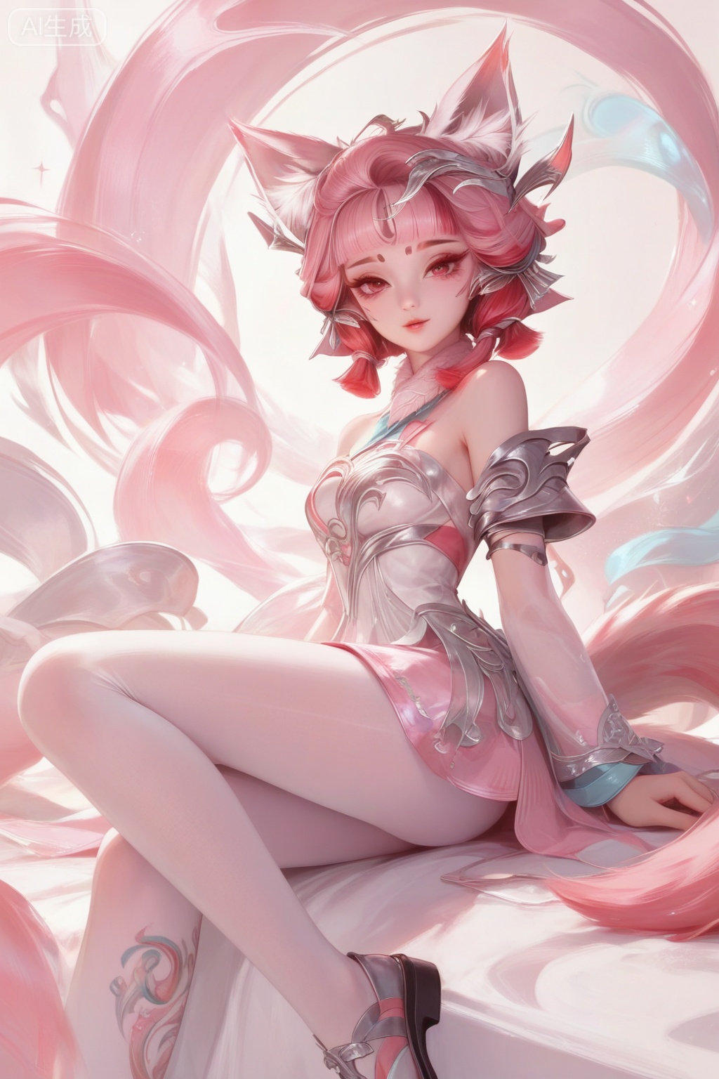 score_9,score_8_up,score_7_up,1girl,looking at viewer,solo,short hair,hair ornament,dress,bare shoulders,jewelry,pink hair,animal ear fluff,animal ears,shoes,Tattoo of the foot,streamers,blunt bangs,facial mark,forehead mark,multicolored hair,red hair,pink hair,pantyhose,print foot