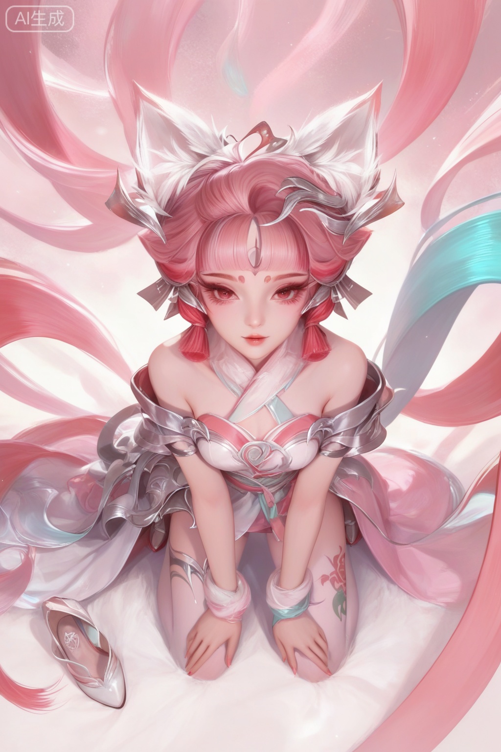 score_9,score_8_up,score_7_up,1girl,looking at viewer,solo,short hair,hair ornament,dress,bare shoulders,jewelry,pink hair,animal ear fluff,animal ears,Tattoo of the foot,streamers,blunt bangs,facial mark,forehead mark,multicolored hair,red hair,pink hair,print pantyhose,print foot,feet tattoo,high heels,kneeling,legs apart,from above,pov