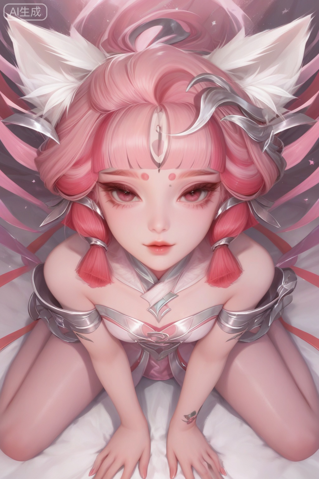 score_9,score_8_up,score_7_up,1girl,looking at viewer,solo,short hair,hair ornament,dress,bare shoulders,jewelry,pink hair,animal ear fluff,animal ears,Tattoo of the foot,streamers,blunt bangs,facial mark,forehead mark,multicolored hair,red hair,pink hair,print pantyhose,print foot,feet tattoo,kneeling,legs apart,from above,(face focus:1.3),looking up,head lift