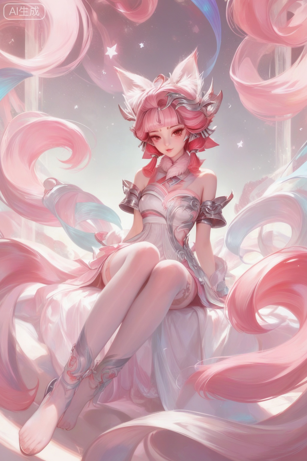 score_9,score_8_up,score_7_up,1girl,looking at viewer,solo,short hair,hair ornament,dress,bare shoulders,jewelry,pink hair,animal ear fluff,animal ears,Tattoo of the foot,streamers,blunt bangs,facial mark,forehead mark,multicolored hair,red hair,pink hair,print pantyhose,print foot,feet tattoo