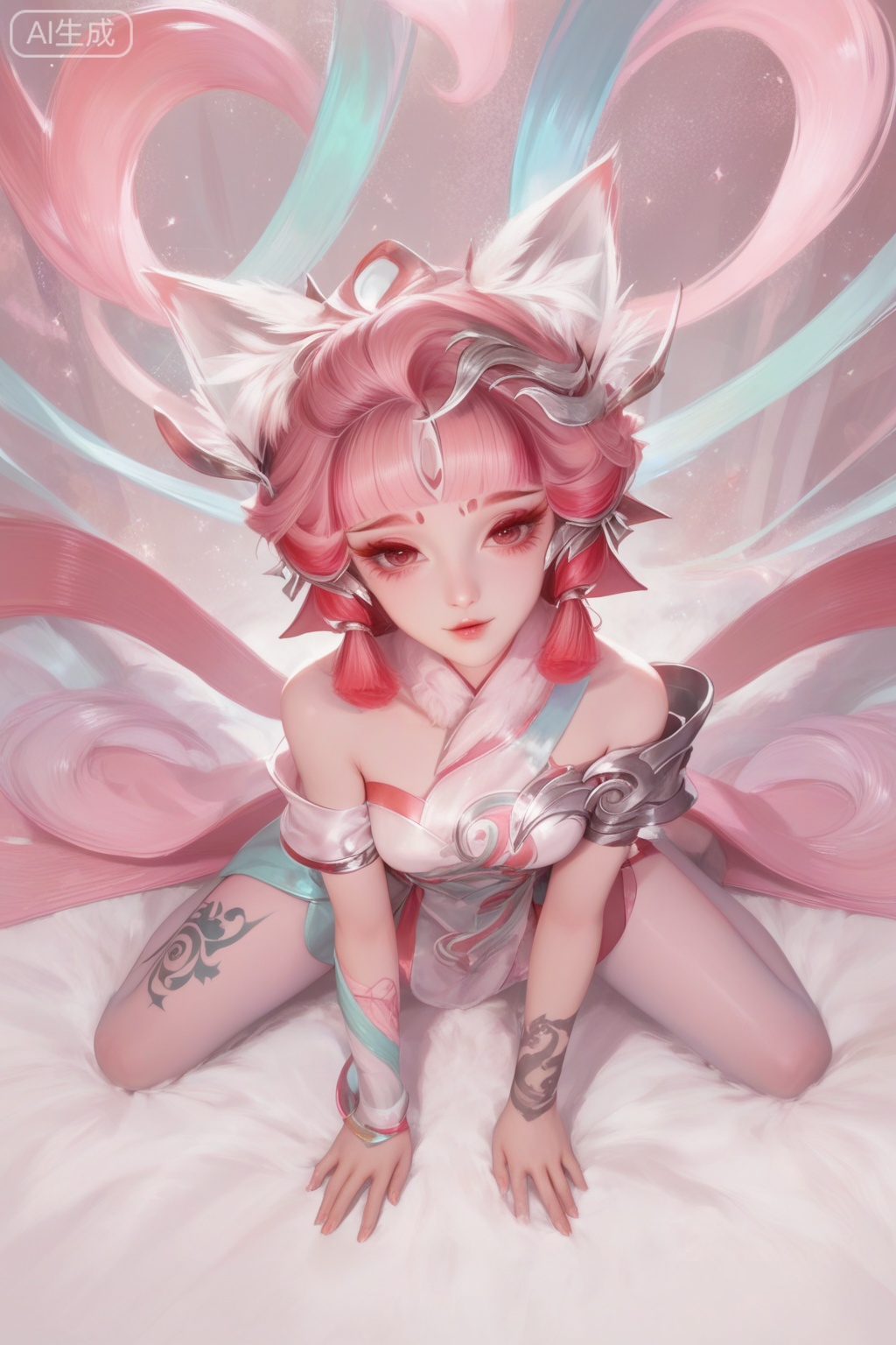 score_9,score_8_up,score_7_up,1girl,looking at viewer,solo,short hair,hair ornament,dress,bare shoulders,jewelry,pink hair,animal ear fluff,animal ears,Tattoo of the foot,streamers,blunt bangs,facial mark,forehead mark,multicolored hair,red hair,pink hair,print pantyhose,print foot,feet tattoo,kneeling,legs apart,from above,pov,(focused:1.3)