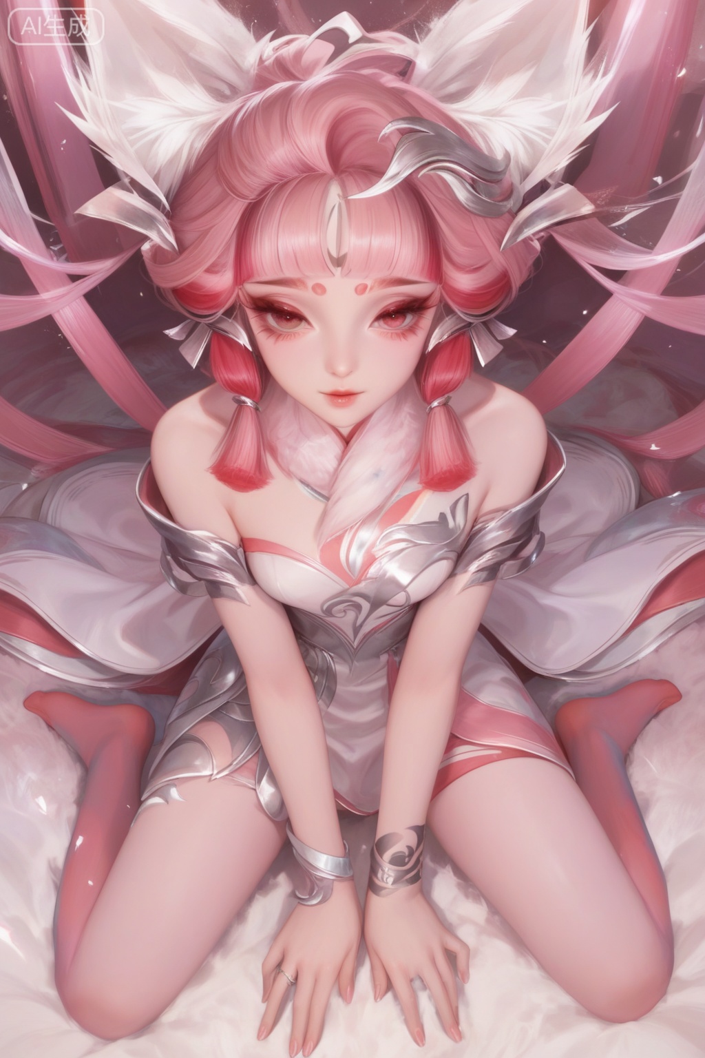 score_9,score_8_up,score_7_up,1girl,looking at viewer,solo,short hair,hair ornament,dress,bare shoulders,jewelry,pink hair,animal ear fluff,animal ears,Tattoo of the foot,streamers,blunt bangs,facial mark,forehead mark,multicolored hair,red hair,pink hair,print pantyhose,print foot,feet tattoo,kneeling,legs apart,from above,(focused:1.3),(face focus:1.3),