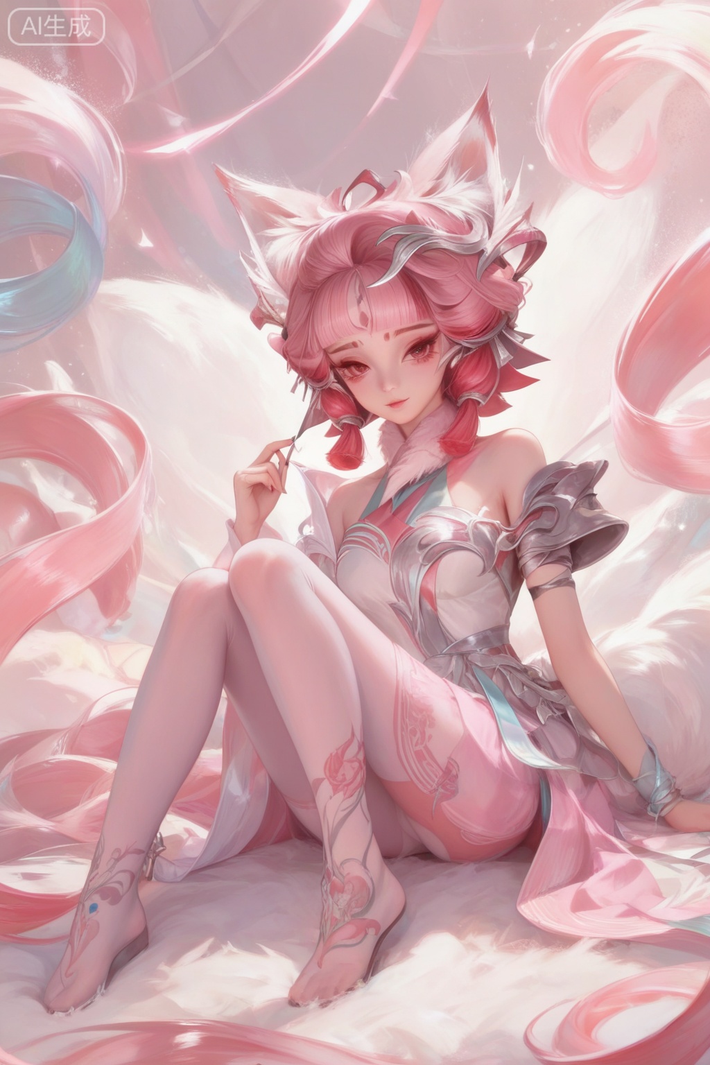 score_9,score_8_up,score_7_up,1girl,looking at viewer,solo,short hair,hair ornament,dress,bare shoulders,jewelry,pink hair,animal ear fluff,animal ears,Tattoo of the foot,streamers,blunt bangs,facial mark,forehead mark,multicolored hair,red hair,pink hair,print pantyhose,print foot,feet tattoo