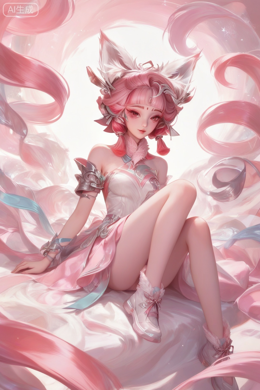 score_9,score_8_up,score_7_up,1girl,looking at viewer,solo,short hair,hair ornament,dress,bare shoulders,jewelry,pink hair,animal ear fluff,animal ears,shoes,Tattoo of the foot,streamers,blunt bangs,facial mark,forehead mark,multicolored hair,red hair,pink hair