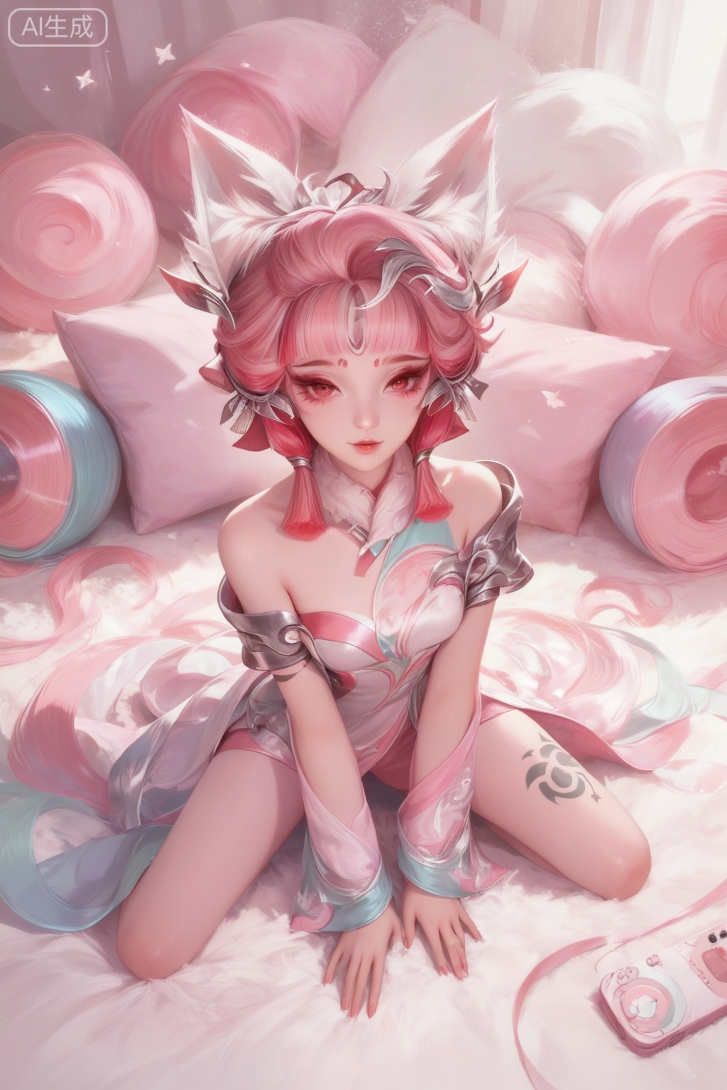 score_9,score_8_up,score_7_up,1girl,looking at viewer,solo,short hair,hair ornament,dress,bare shoulders,jewelry,pink hair,animal ear fluff,animal ears,Tattoo of the foot,streamers,blunt bangs,facial mark,forehead mark,multicolored hair,red hair,pink hair,print pantyhose,print foot,feet tattoo,kneeling,legs apart,from above,pov,focused