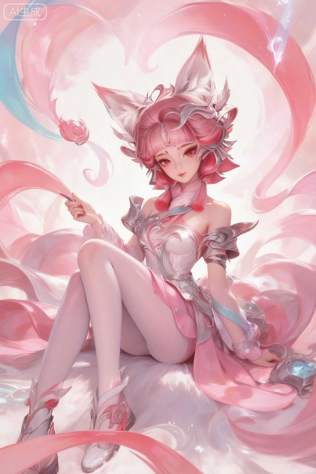 score_9,score_8_up,score_7_up,1girl,looking at viewer,solo,short hair,hair ornament,dress,bare shoulders,jewelry,pink hair,animal ear fluff,animal ears,shoes,Tattoo of the foot,streamers,blunt bangs,facial mark,forehead mark,multicolored hair,red hair,pink hair,pantyhose