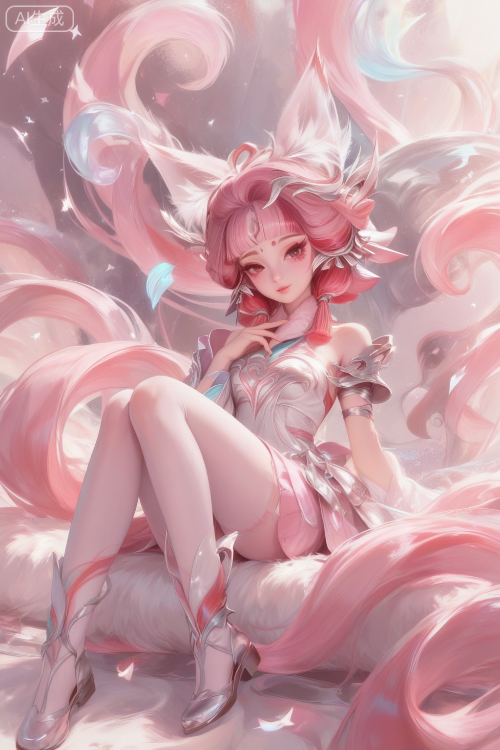 score_9,score_8_up,score_7_up,1girl,looking at viewer,solo,short hair,hair ornament,dress,bare shoulders,jewelry,pink hair,animal ear fluff,animal ears,shoes,Tattoo of the foot,streamers,blunt bangs,facial mark,forehead mark,multicolored hair,red hair,pink hair,pantyhose