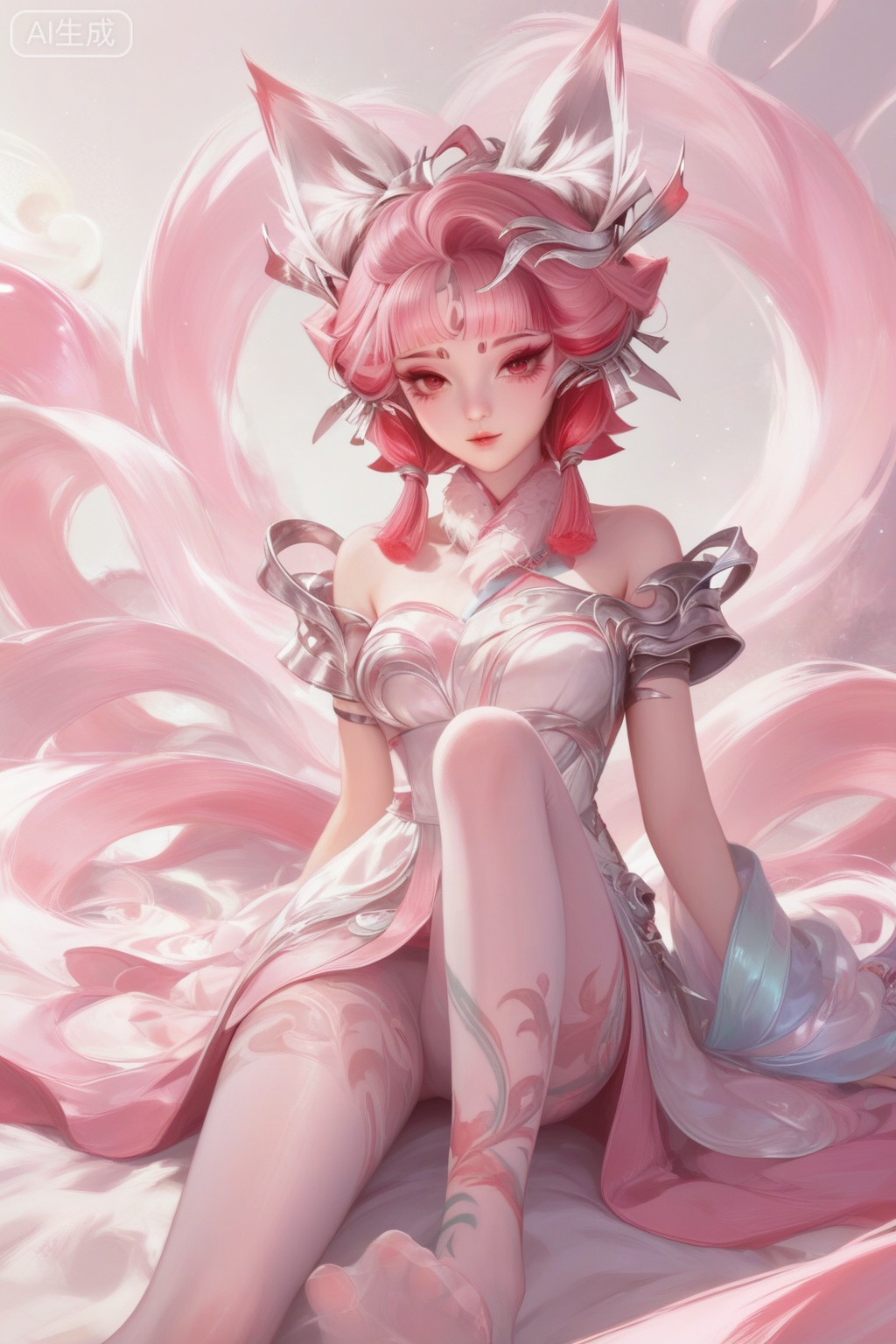 score_9,score_8_up,score_7_up,1girl,looking at viewer,solo,short hair,hair ornament,dress,bare shoulders,jewelry,pink hair,animal ear fluff,animal ears,Tattoo of the foot,streamers,blunt bangs,facial mark,forehead mark,multicolored hair,red hair,pink hair,print pantyhose,print foot,feet tattoo