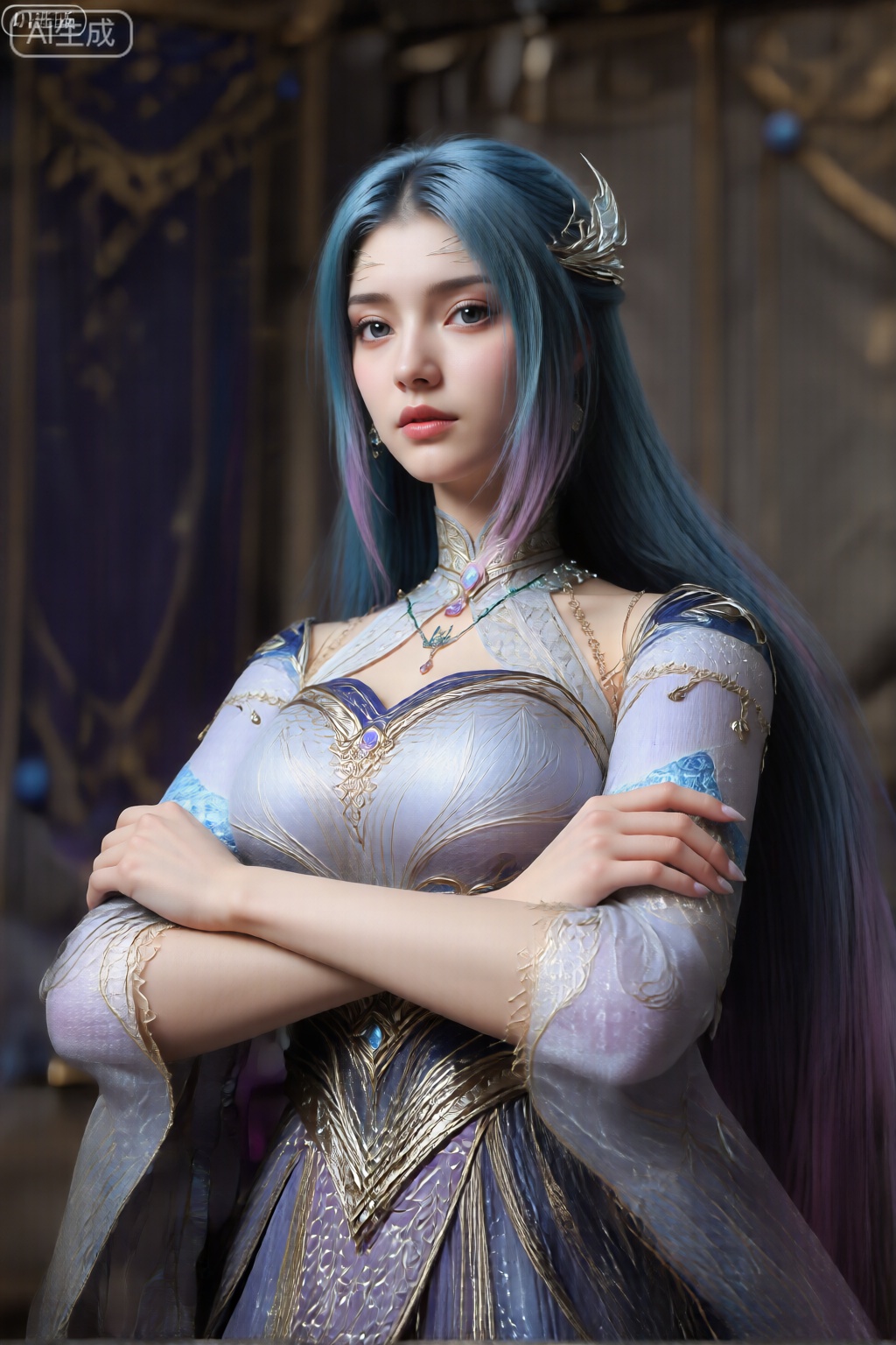该图像具有数字渲染的女性形象,长长的直发从顶部的凉爽蓝色转变为末端的柔软紫色。她的肤色苍白,深色的眼睛,表达平静而构成。她的头发在一侧装饰有细腻的,翼形的头发配件。 她穿着精心设计的幻想风格的服装。她的服装的上部是合身的金属银色紧身胸衣,带有复杂的金色和蓝色图案,其高领带有蝴蝶形设计和中央吊坠。袖子是半透明的,带有金色的装饰和装饰性图案,延伸到手腕。她的衣服下部是一条带有尺度式设计的紫色裙子,也带有金色细节。 她的手臂交叉在她面前,左手轻轻地静置在右臂上。背景是一个装饰丰富的内饰,具有深蓝色和紫色的窗帘,带有金色的装饰,带有蓝色球体的几何结构以及柔软,温暖的照明,可产生深度和优雅感。