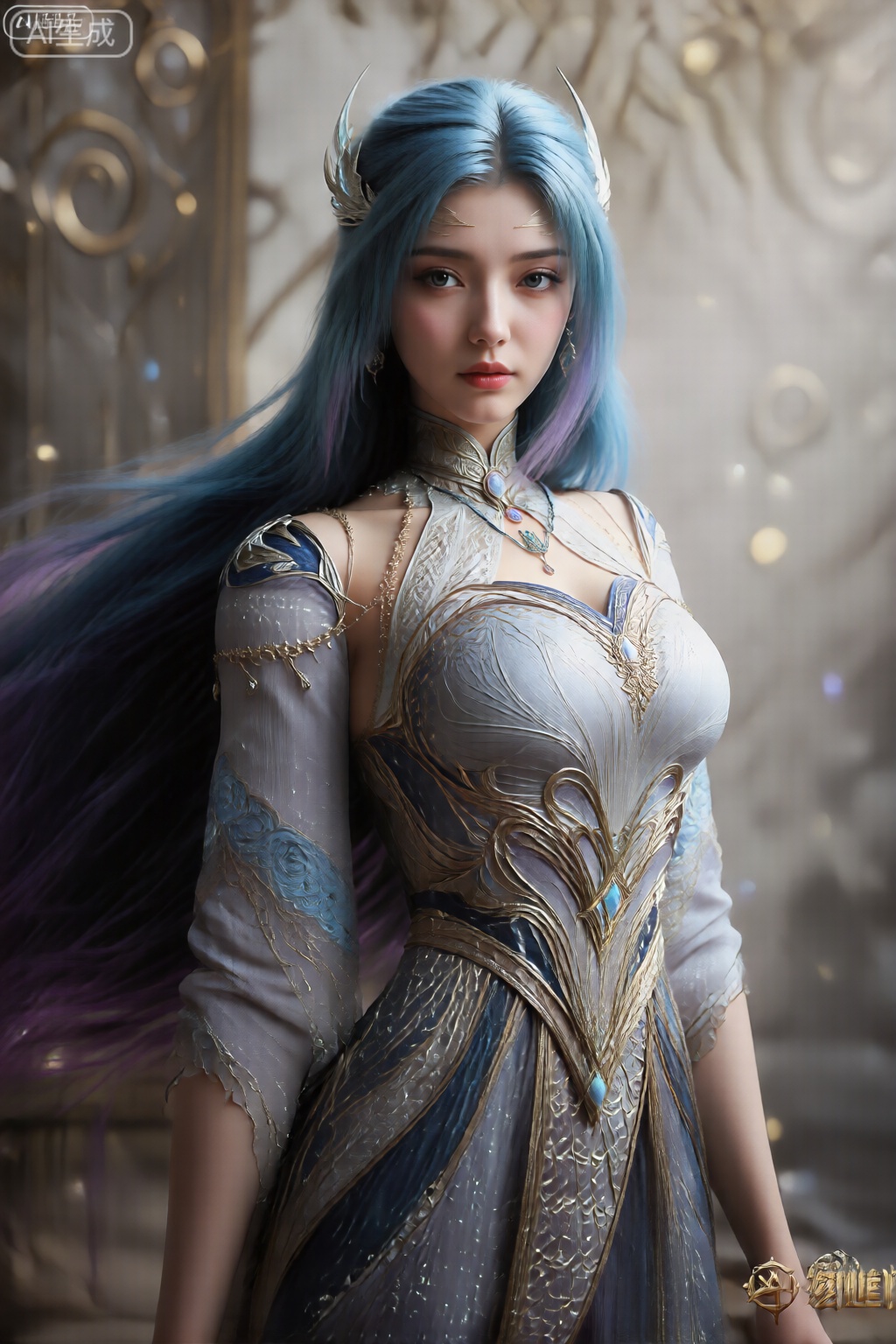 该图像的特色是一个长长而流动的头发的女人,从根部的蓝色过渡到末端紫色。她的头上有小,尖的角,穿着一件华丽的,合身的连衣裙,带有复杂的金色和银色图案。这件衣服有长袖和高领。背景是模糊的,有软灯过滤,并且有一些装饰元素类似于具有圆形和螺旋设计的金属结构。整体美学以幻想为主题,重点是优雅和复杂的细节。。,唐舞桐