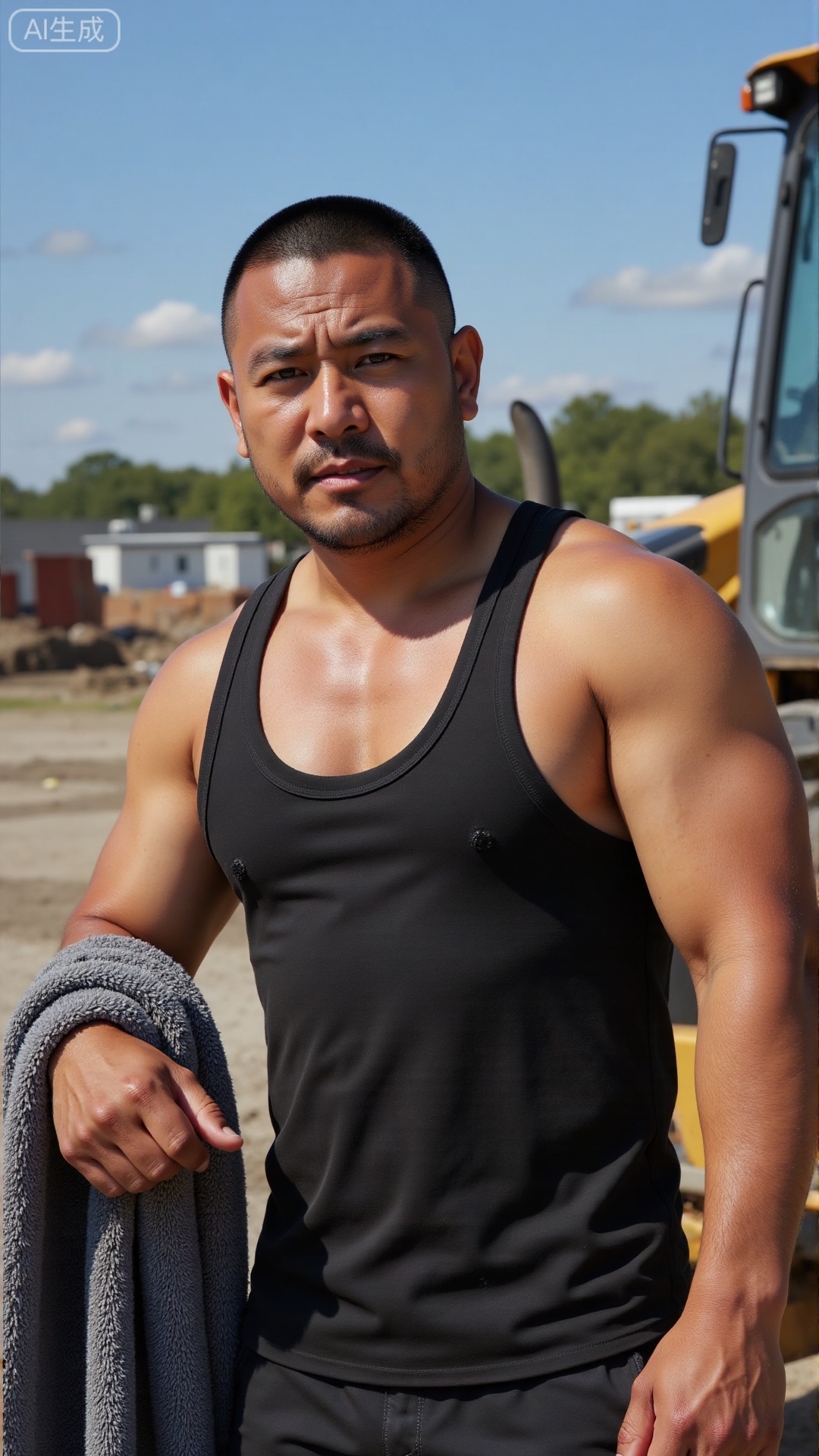 Tough guy style: an outdoor construction site scene features a man about 46 years old with a crew cut and stubble, wearing a black **** top that reveals his well-defined muscles glistening with sweat beads; he holds a gray towel while leaning against construction machinery, with a clear blue sky and the construction site environment in the background, creating a powerful atmosphere.
