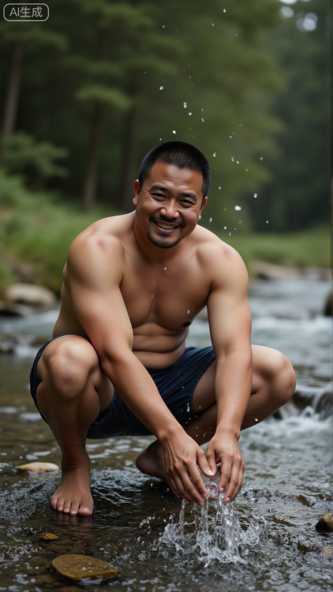 A shirtless man squatted by the stream. He had a smile on his face. He put his hands into the stream and felt cool. His body was covered with water,Tough guy style