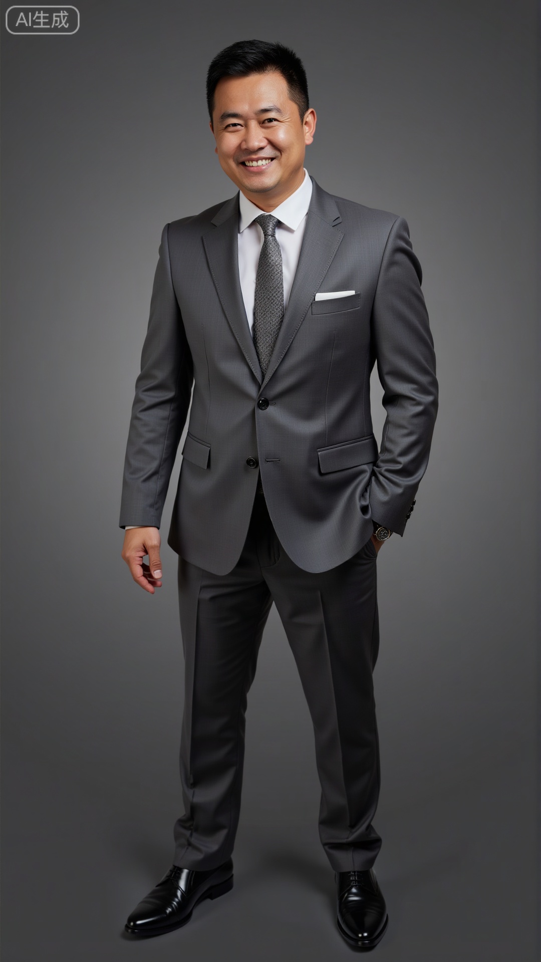 Realistic photo photography, a man wearing a gray suit, he has a strong aura, a smile on his face, a tough guy temperament,