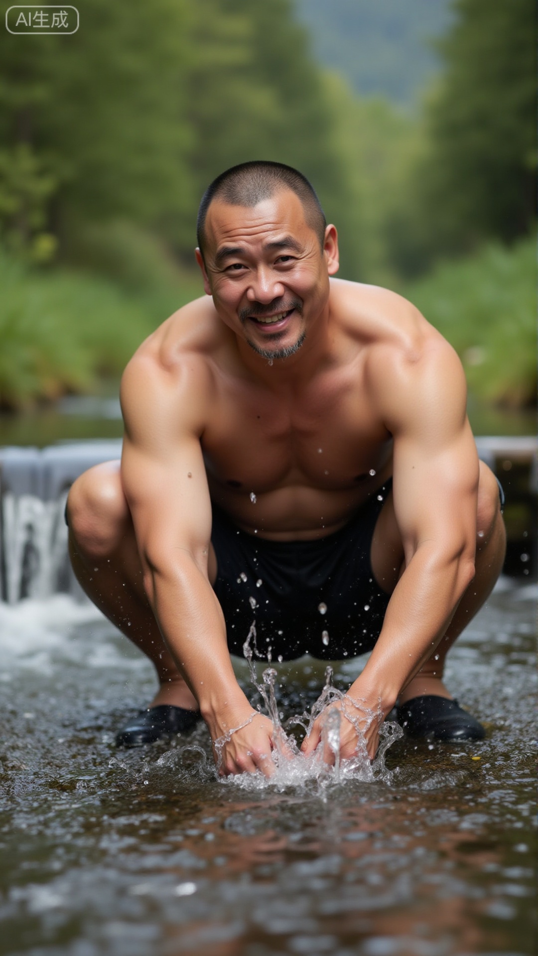 A shirtless man squatted by the stream. He had a smile on his face. He put his hands into the stream and felt cool. His body was covered with water,Tough guy style
