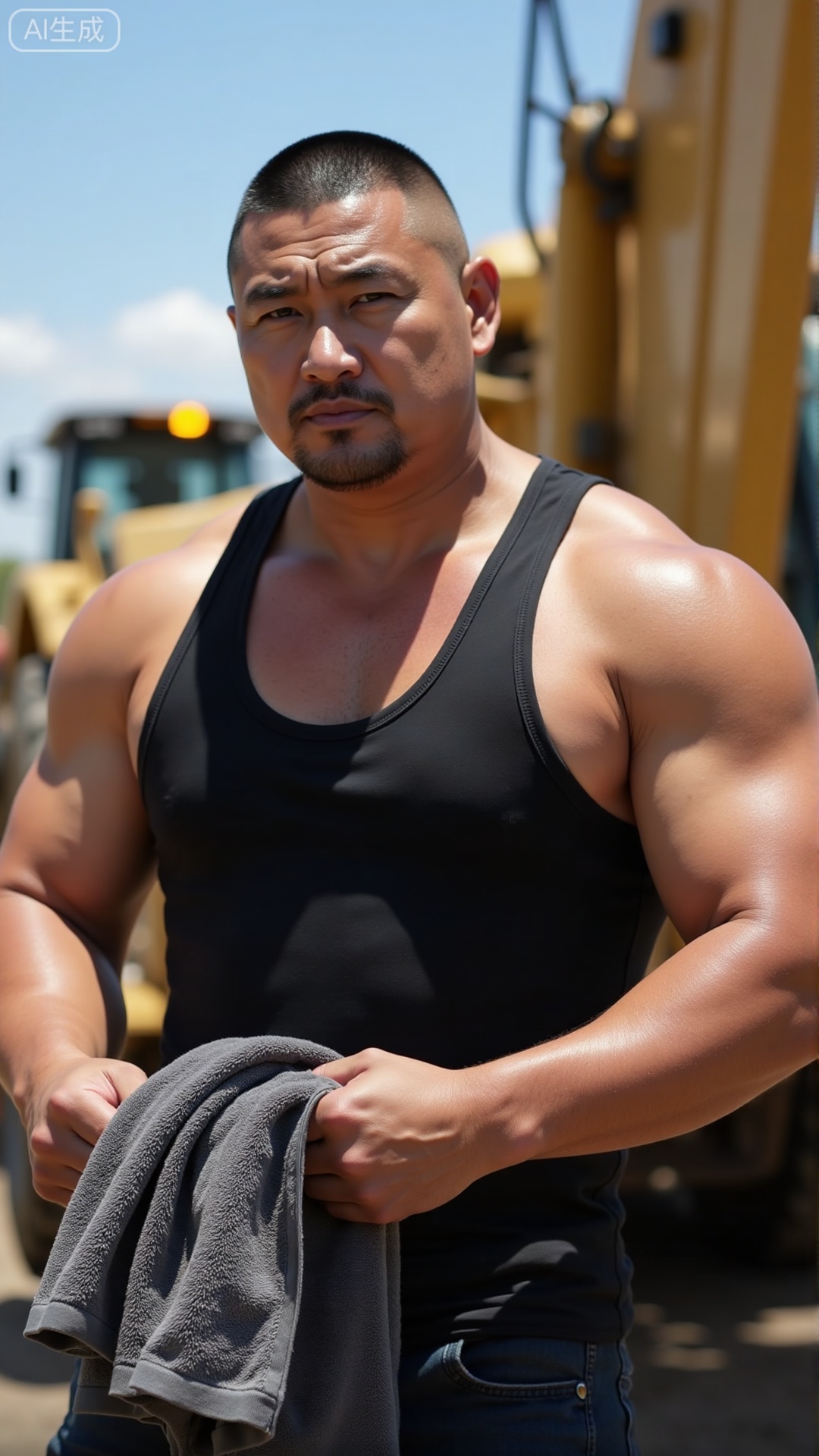 Tough guy style: an outdoor construction site scene features a man about 46 years old with a crew cut and stubble, wearing a black **** top that reveals his well-defined muscles glistening with sweat beads; he holds a gray towel while leaning against construction machinery, with a clear blue sky and the construction site environment in the background, creating a powerful atmosphere.