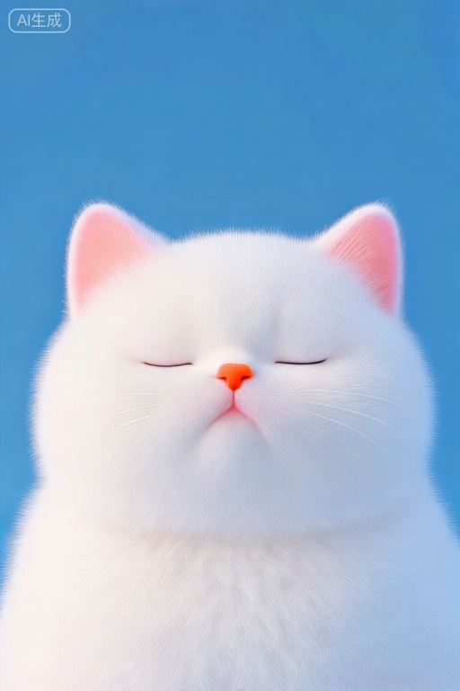 渐变毛绒,白色毛绒猫咪,粉耳、橙鼻,闭眼似惬意休憩,纯蓝背景凸显柔和毛绒质感,色彩清新治愈,满是温暖萌趣。