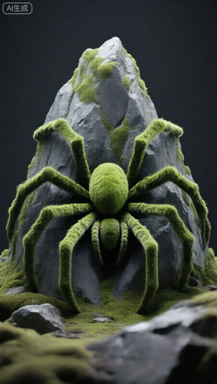 这是一幅充满奇幻与自然融合感的CG作品,展现了一只与岩石、苔藓完美共生的巨型蜘蛛。蜘蛛的身体和长腿完全被翠绿的苔藓覆盖,仿佛是从岩石上自然生长出来的一部分,与周围布满苔藓的灰黑色岩石浑然一体。岩石表面粗糙,纹理清晰,苔藓的绿色鲜艳且富有生机,在深色背景的衬托下,整个画面显得神秘而静谧,营造出一种原始、幽深的氛围,仿佛这只苔藓蜘蛛是古老洞穴或秘境中的神秘生物,充满了奇幻色彩。