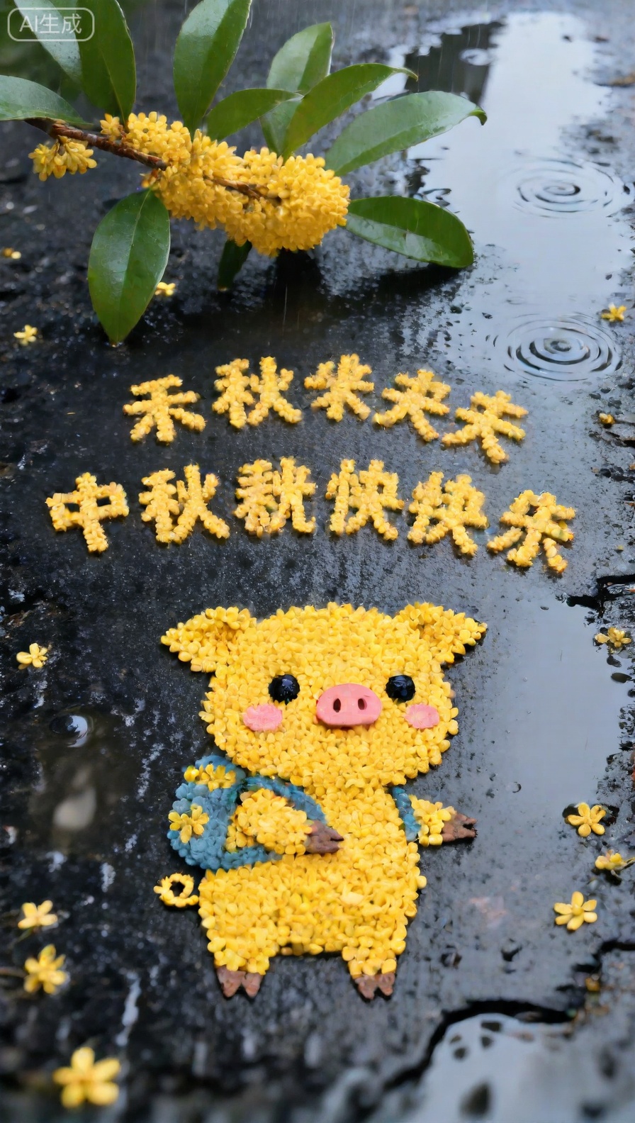 这张图片充满创意与生活情趣。画面中,地面上有一滩积水,旁边是带着水珠的绿叶和黄色桂花枝。 利用黄色桂花拼成了一只可爱的小猪形象,小猪的眼睛、鼻子、脸颊,以及身上背着的书包等细节部分,是用不同颜色的材料制作,栩栩如生。在小猪上方,用桂花拼成了“元气满满的一天”字样,传递出积极向上的情绪,整体营造出温馨又充满活力的氛围。