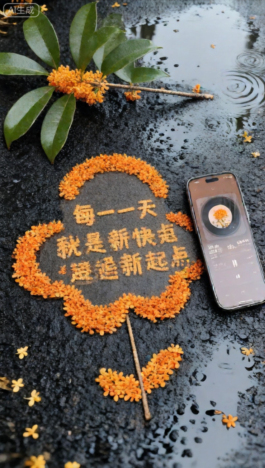 这张图片展现了一个充满创意和生活气息的场景。在湿润的黑色地面上,用橙红色的桂花精心拼贴成了一朵大型花朵,花朵中心是由黄色桂花组成,还利用树枝当作花茎,造型栩栩如生。 一旁放置着一部智能手机,手机屏幕显示着音乐播放界面,播放的歌曲是《送你一朵小红花》,巧妙地呼应了地面上用桂花拼成的花朵,营造出一种温馨且富有诗意的氛围。此外,地面上还散落着一些绿叶、桂花枝条和零星的桂花,增添了自然的美感。